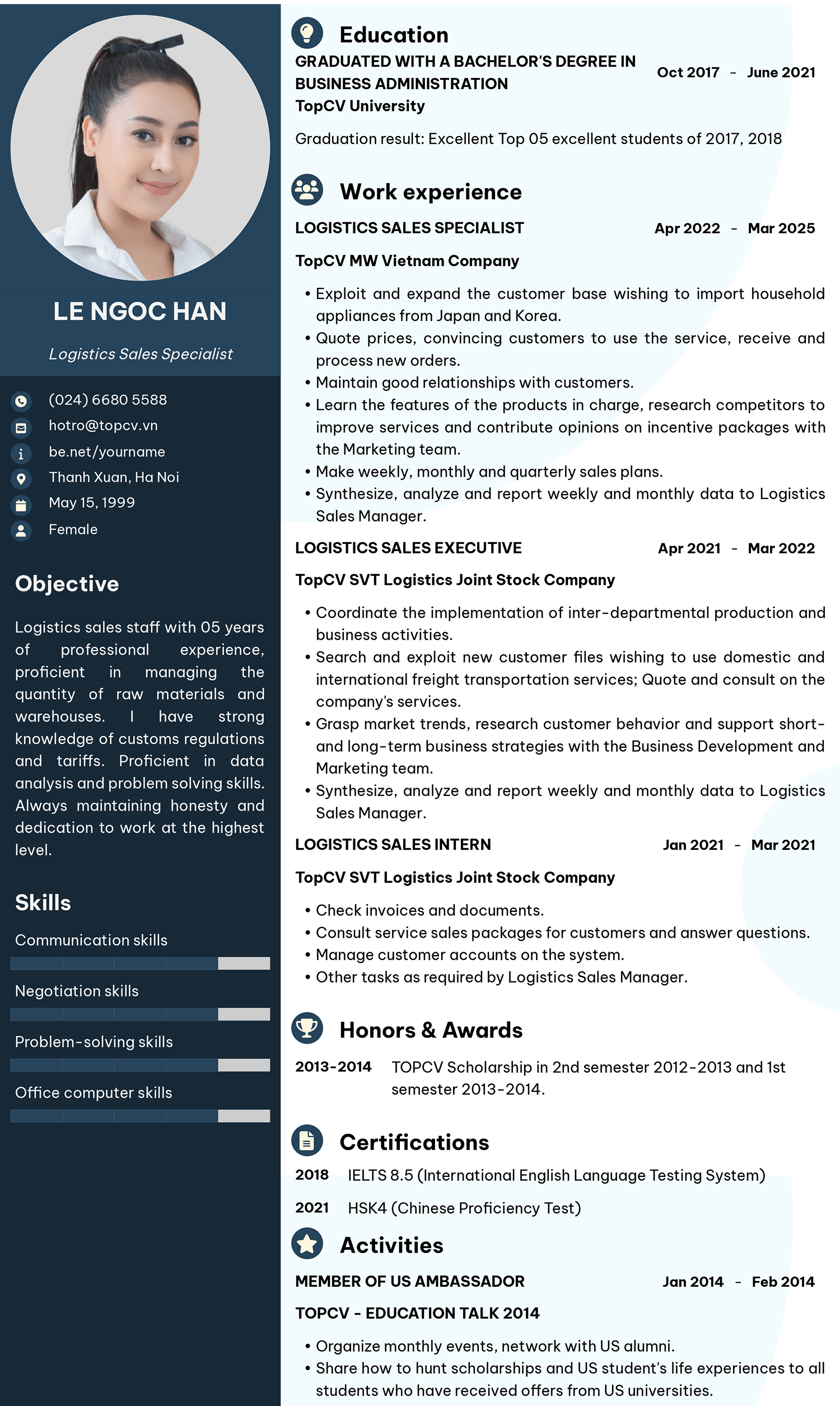 Mẫu CV Logistics Sales tiếng Anh