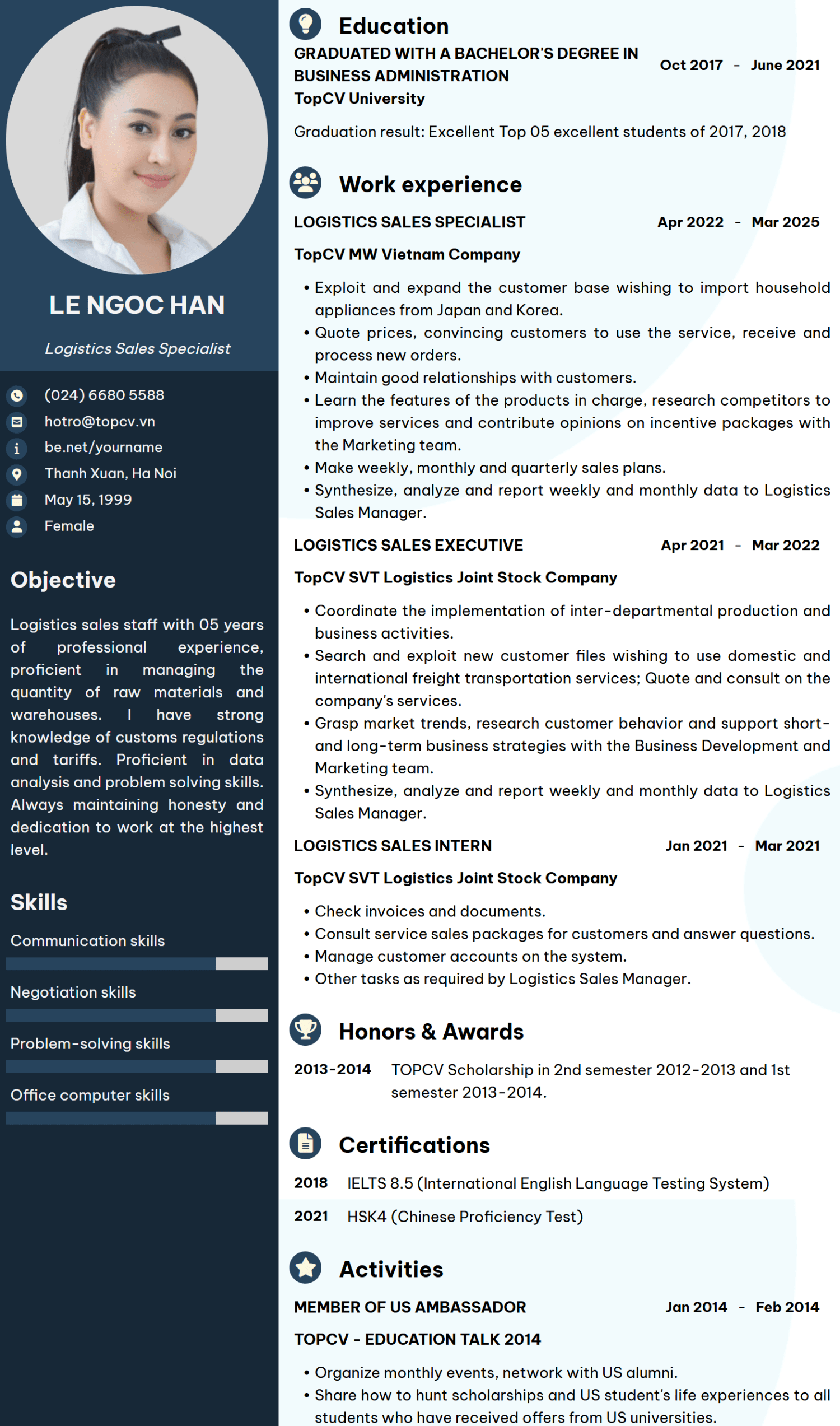 Mẫu CV Sales Logistics (bản tiếng Anh)