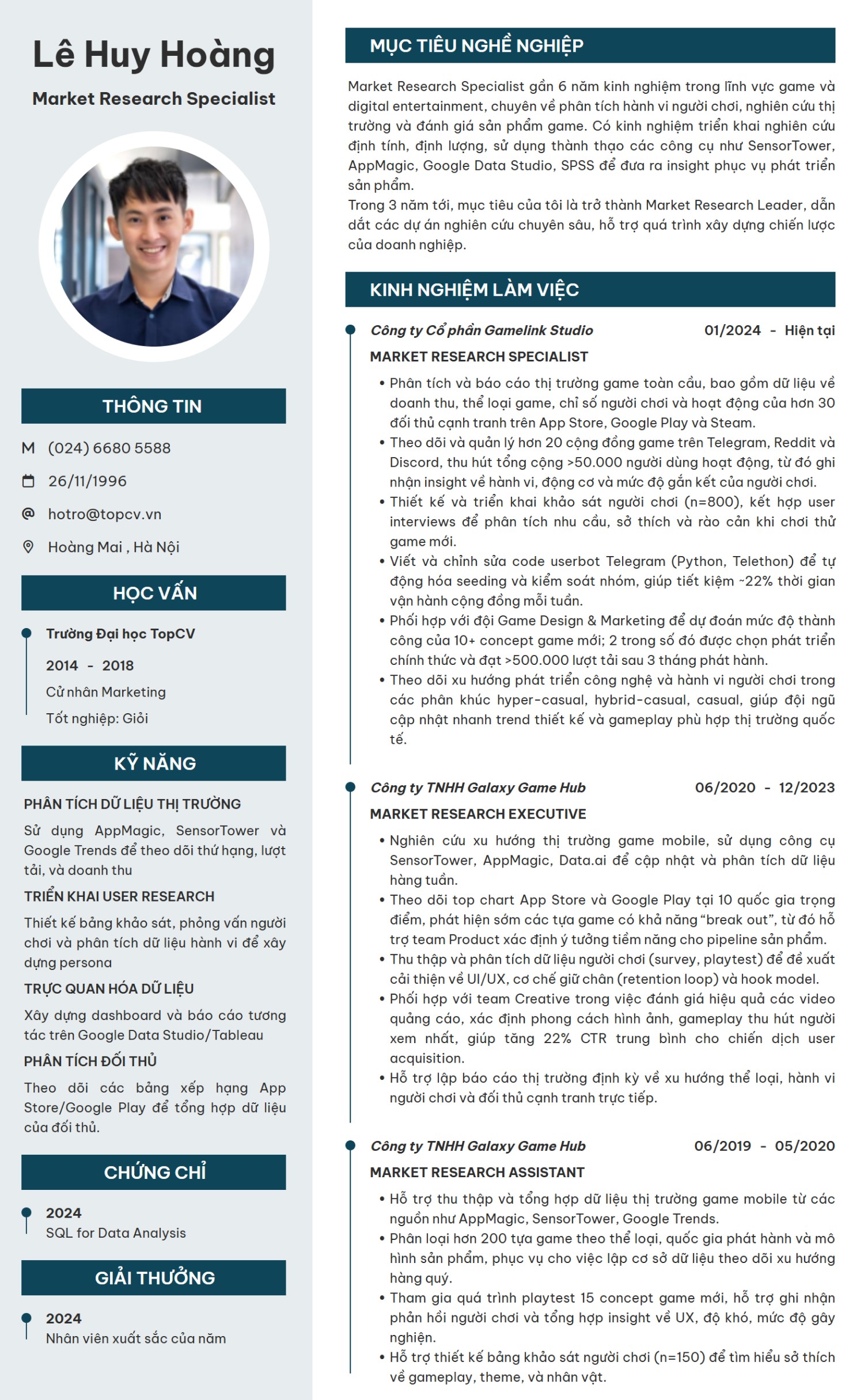 Tham khảo mẫu CV Market Research cho ngành Game