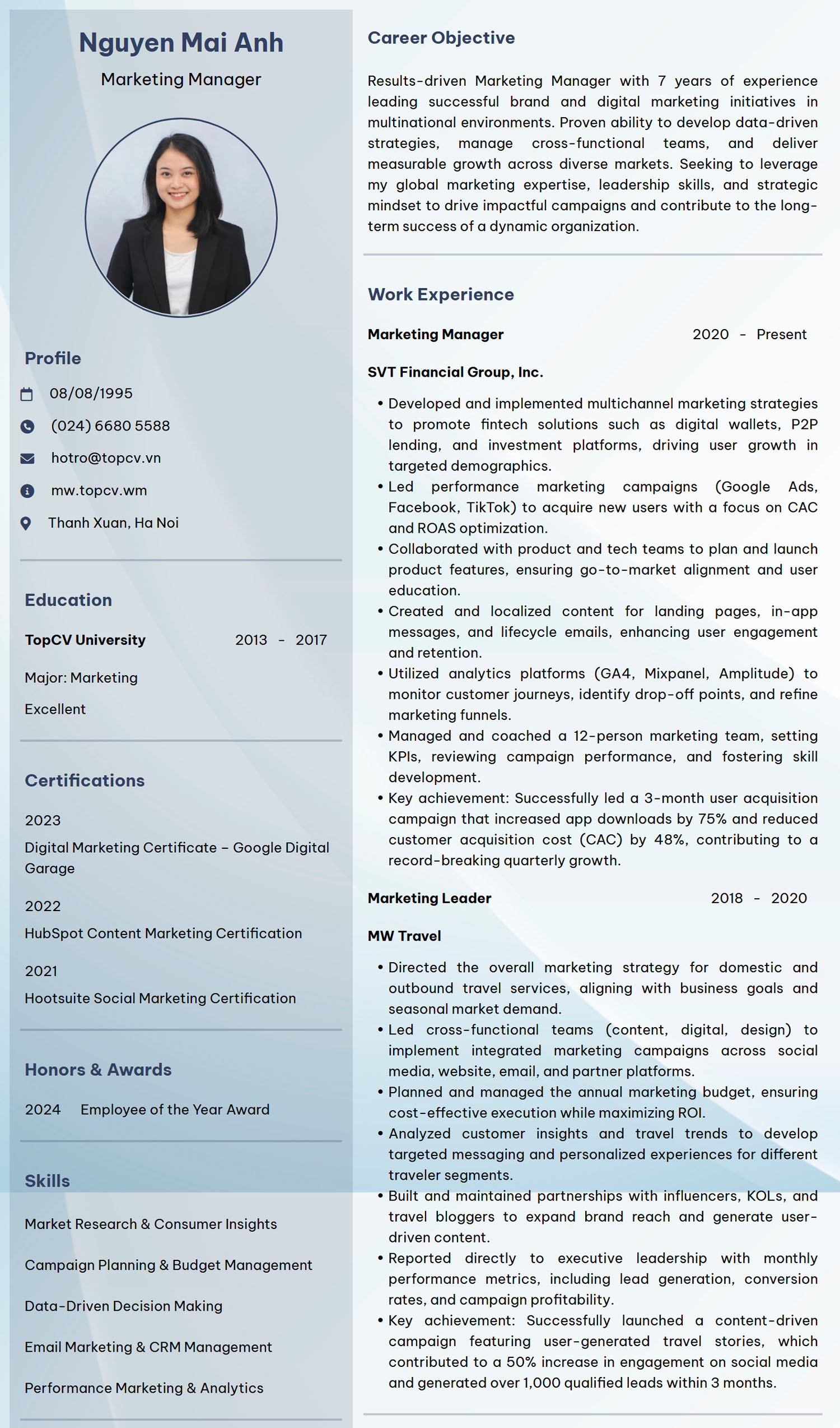 Mẫu CV Trưởng phòng Marketing/Marketing Manager tiếng Anh