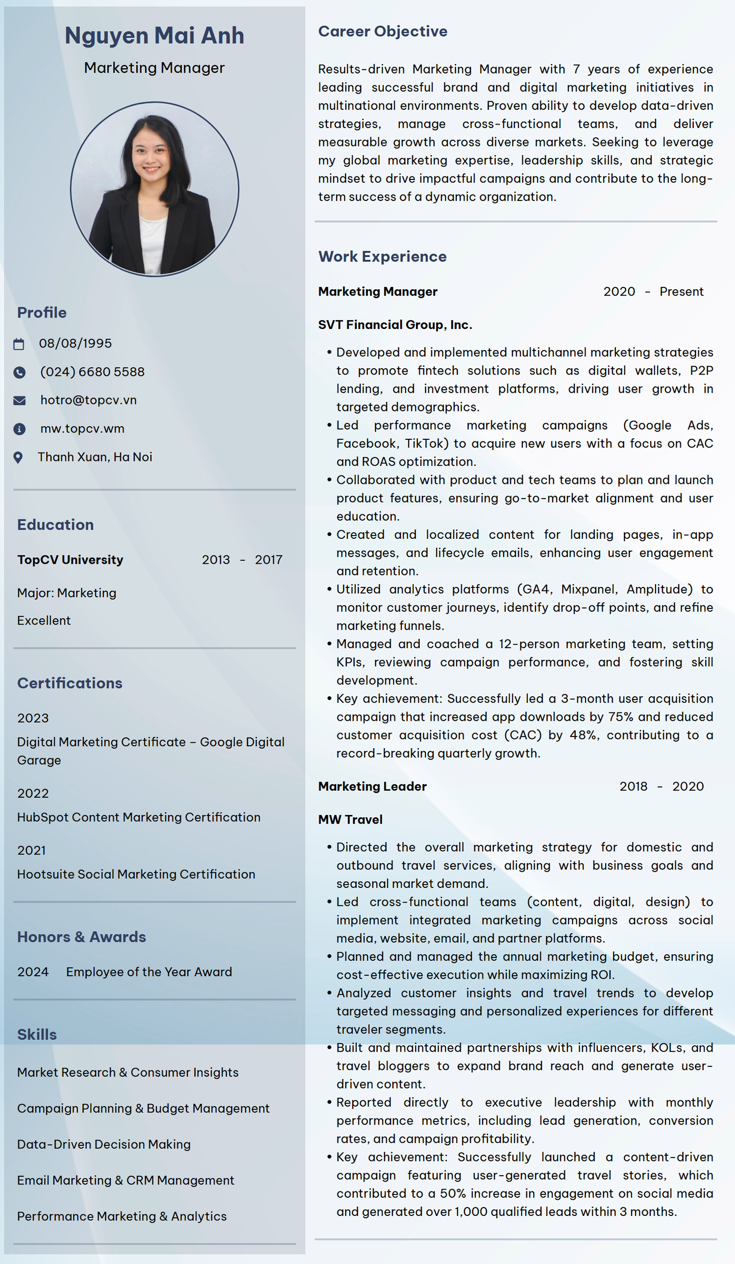 Mẫu CV Marketing Manager tiếng Anh