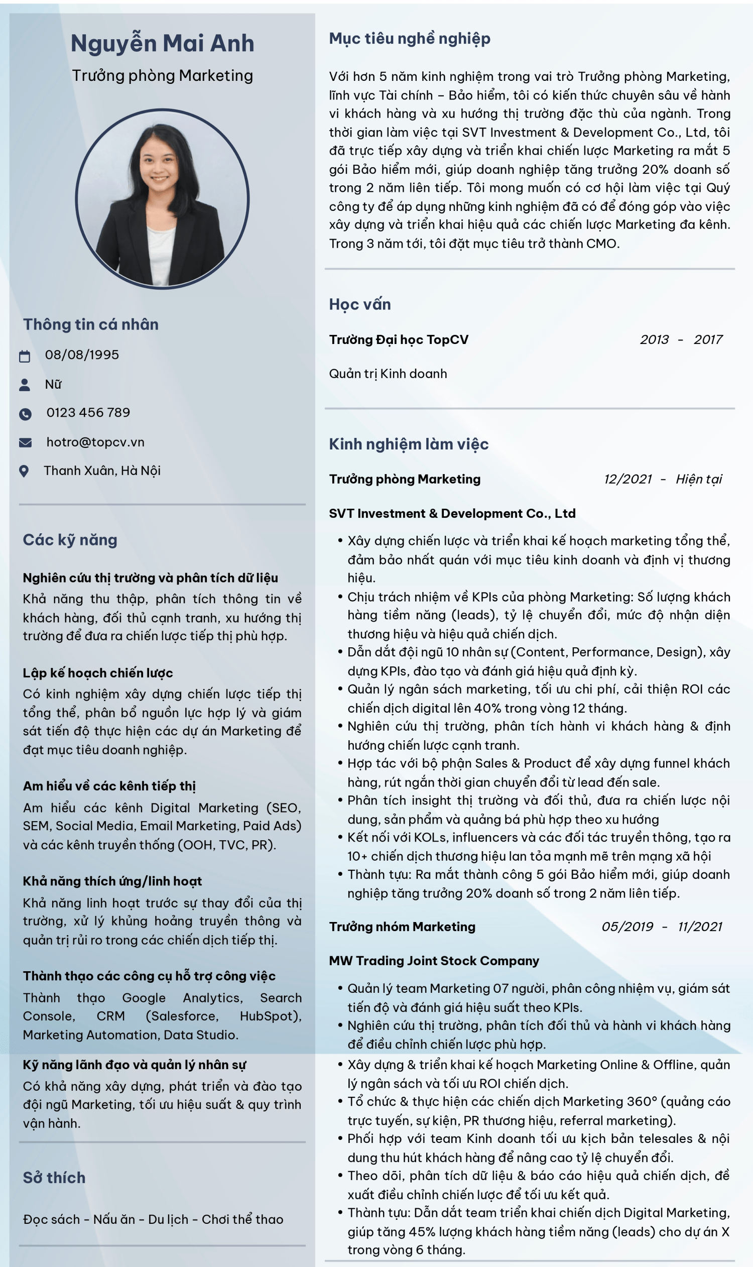 Mẫu CV Trưởng phòng Marketing/Marketing Manager tiếng Việt