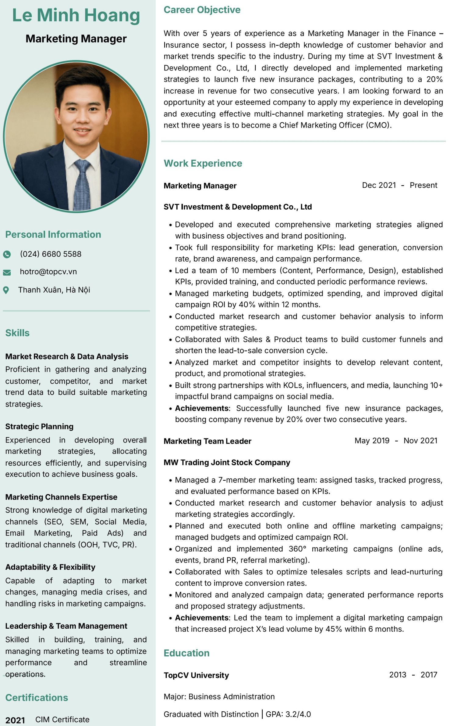Mẫu CV Trưởng phòng Marketing/Marketing Manager tiếng Anh