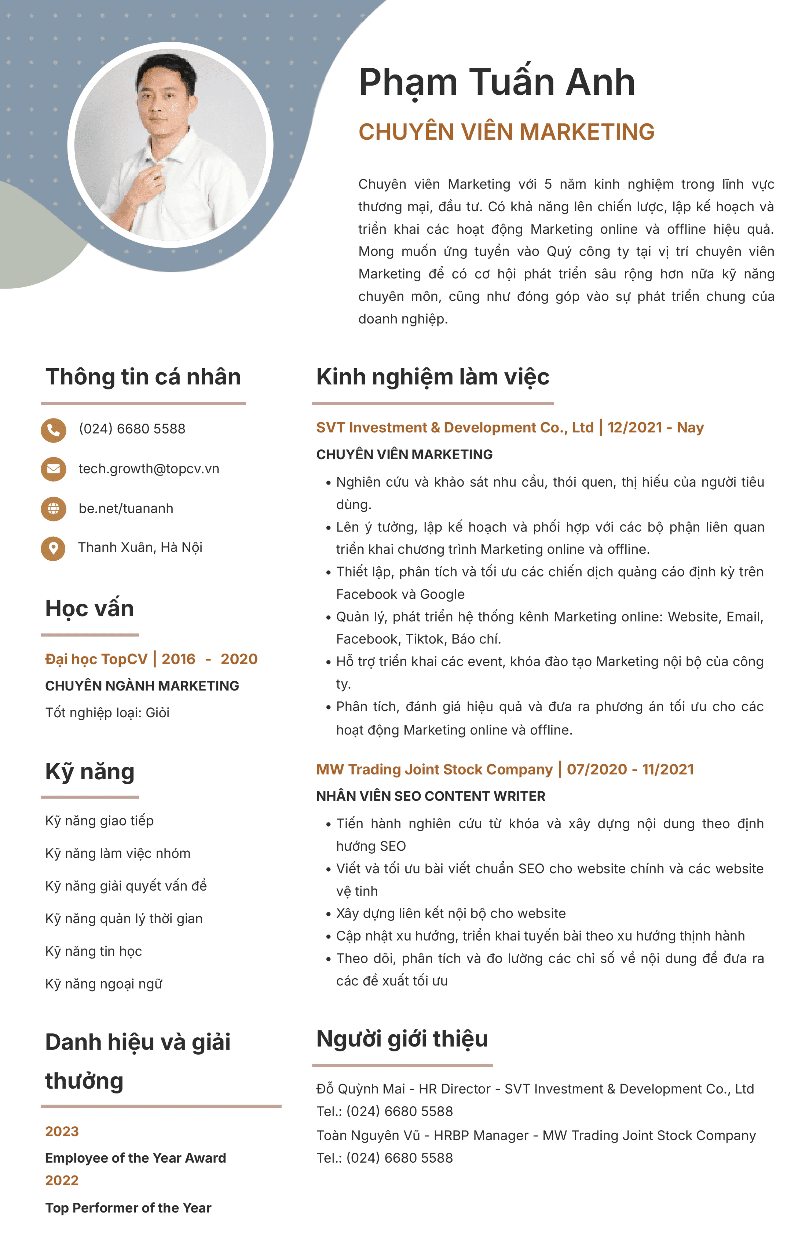 Mẫu CV Chuyên viên Marketing Tiếng Việt