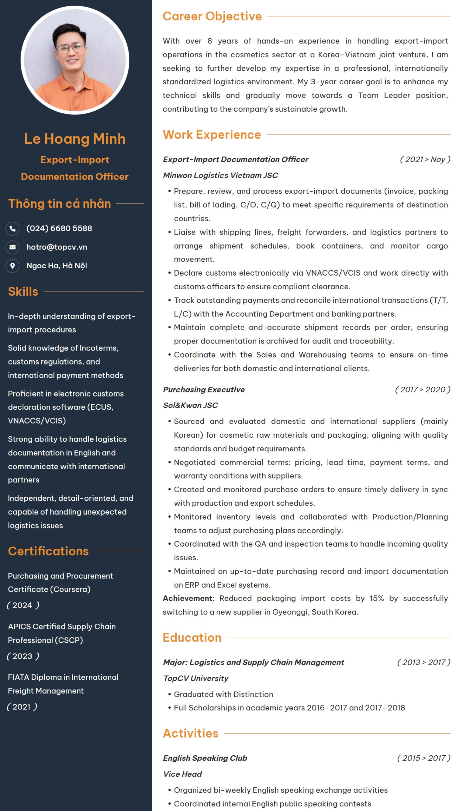 Tham khảo mẫu CV Nhân viên chứng từ xuất nhập khẩu tiếng Anh