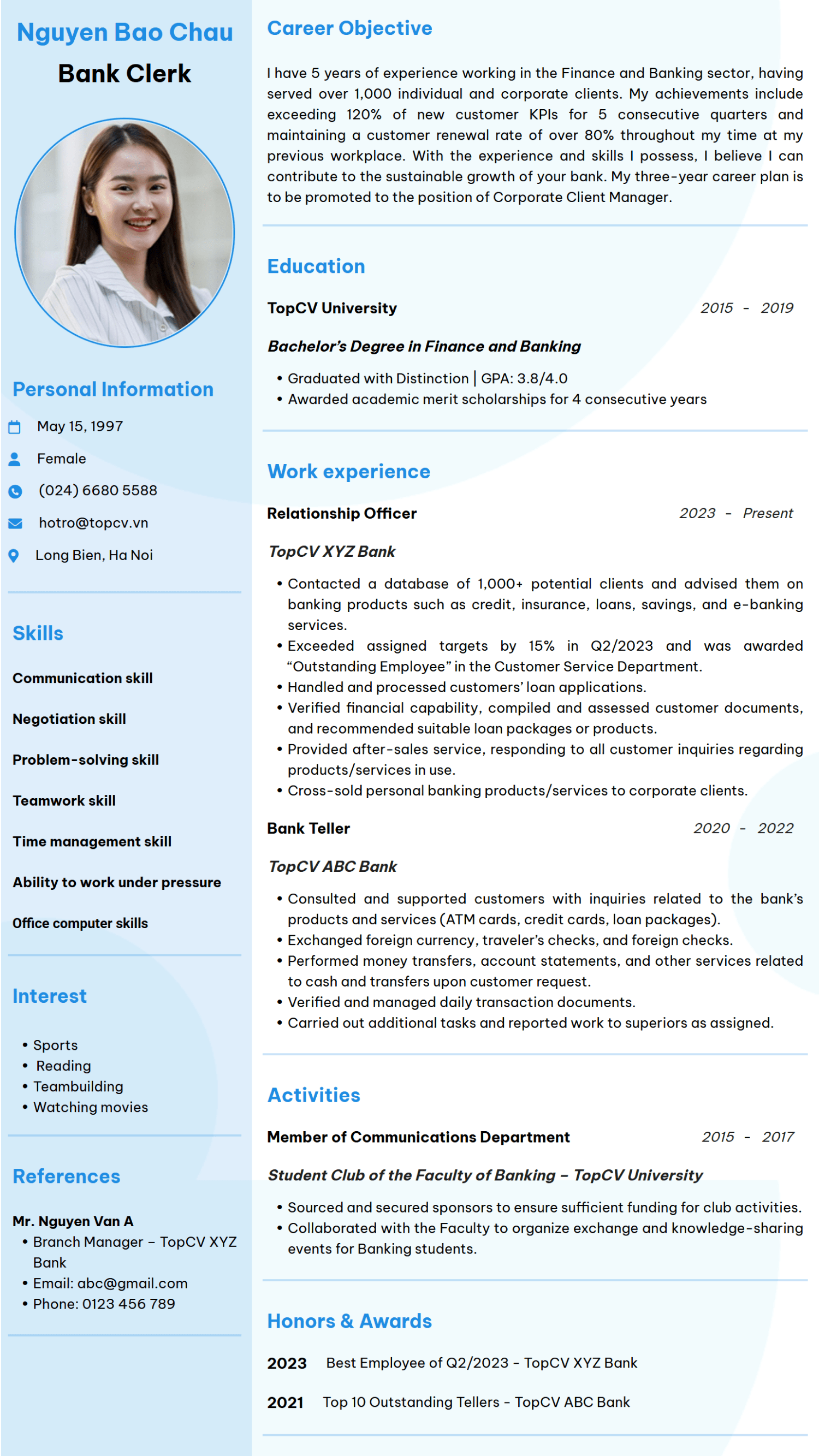 Mẫu CV Ngân hàng tiếng Anh