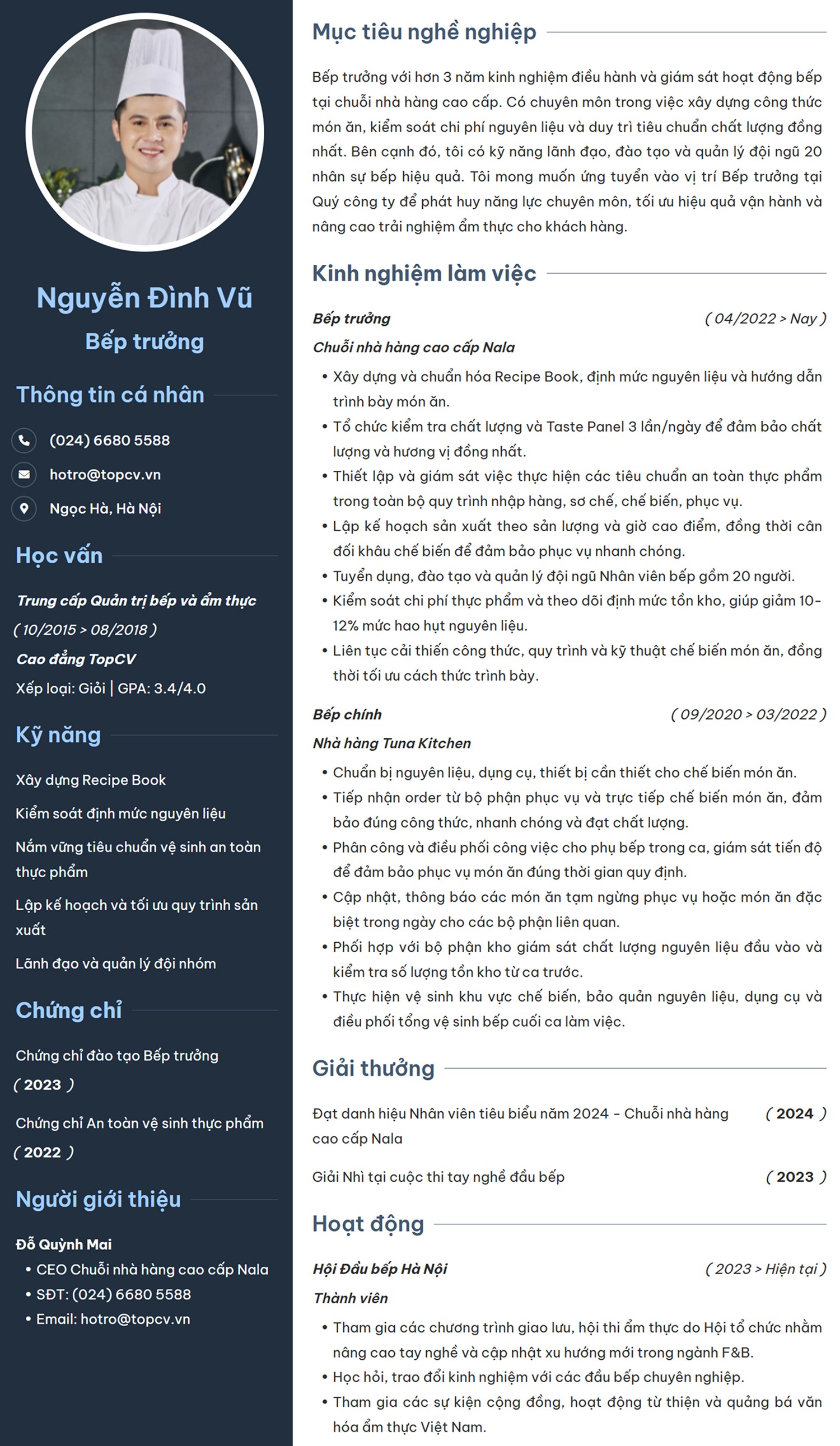 Mẫu CV ngành F&B - Bếp trưởng