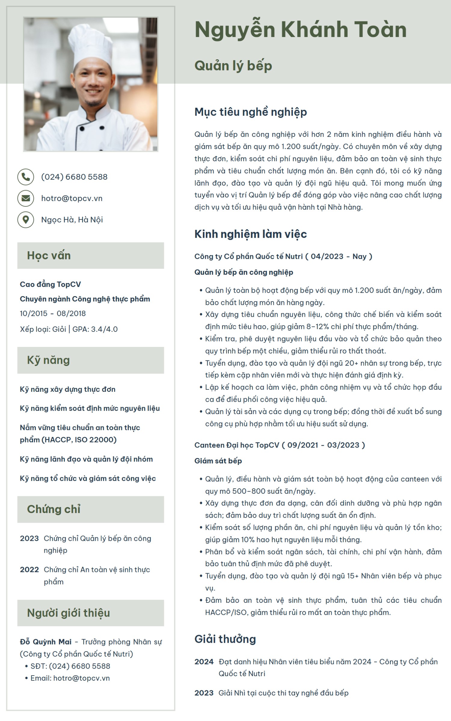 Mẫu CV ngành F&B - Quản lý bếp