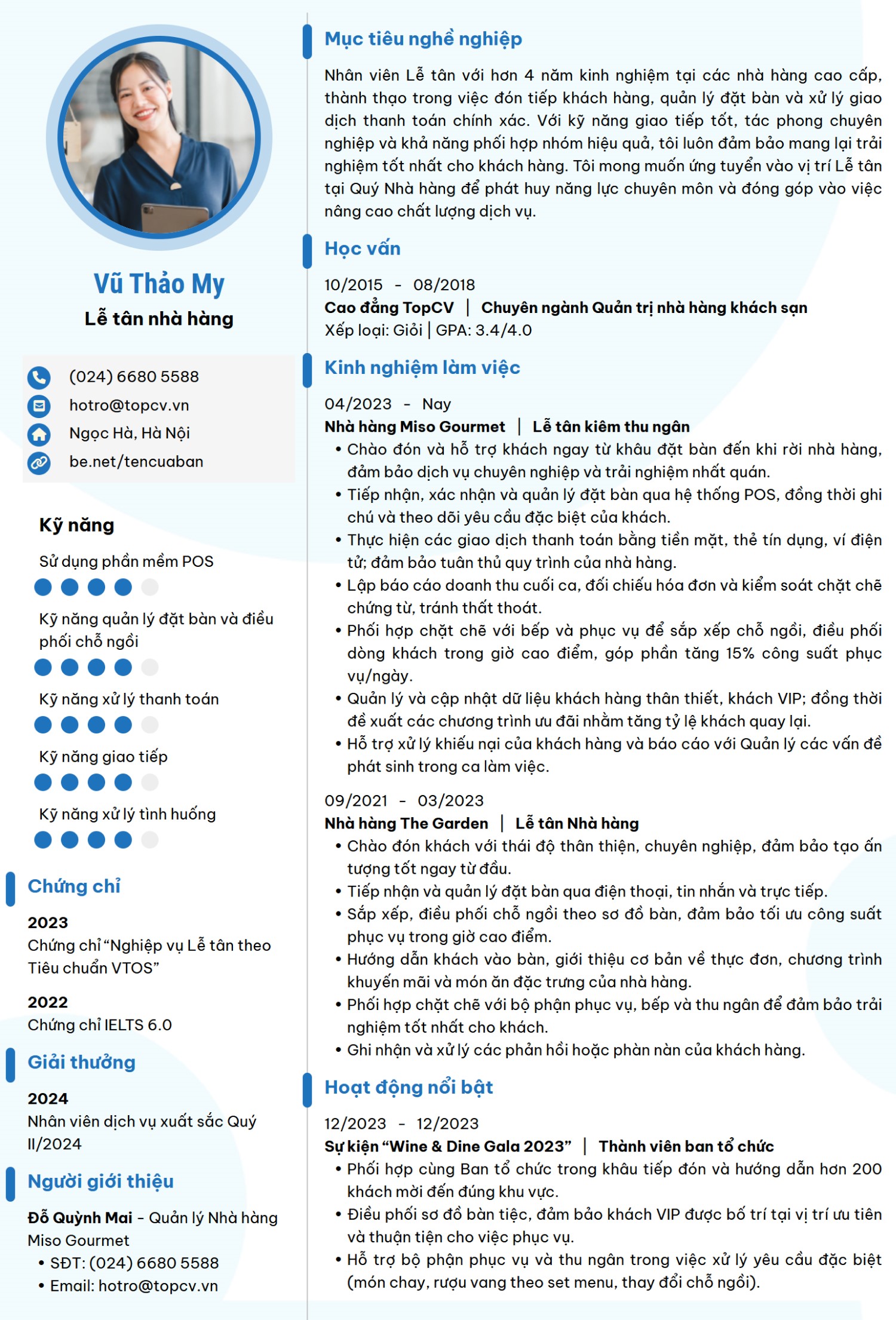 Mẫu CV ngành F&B - Lễ tân nhà hàng