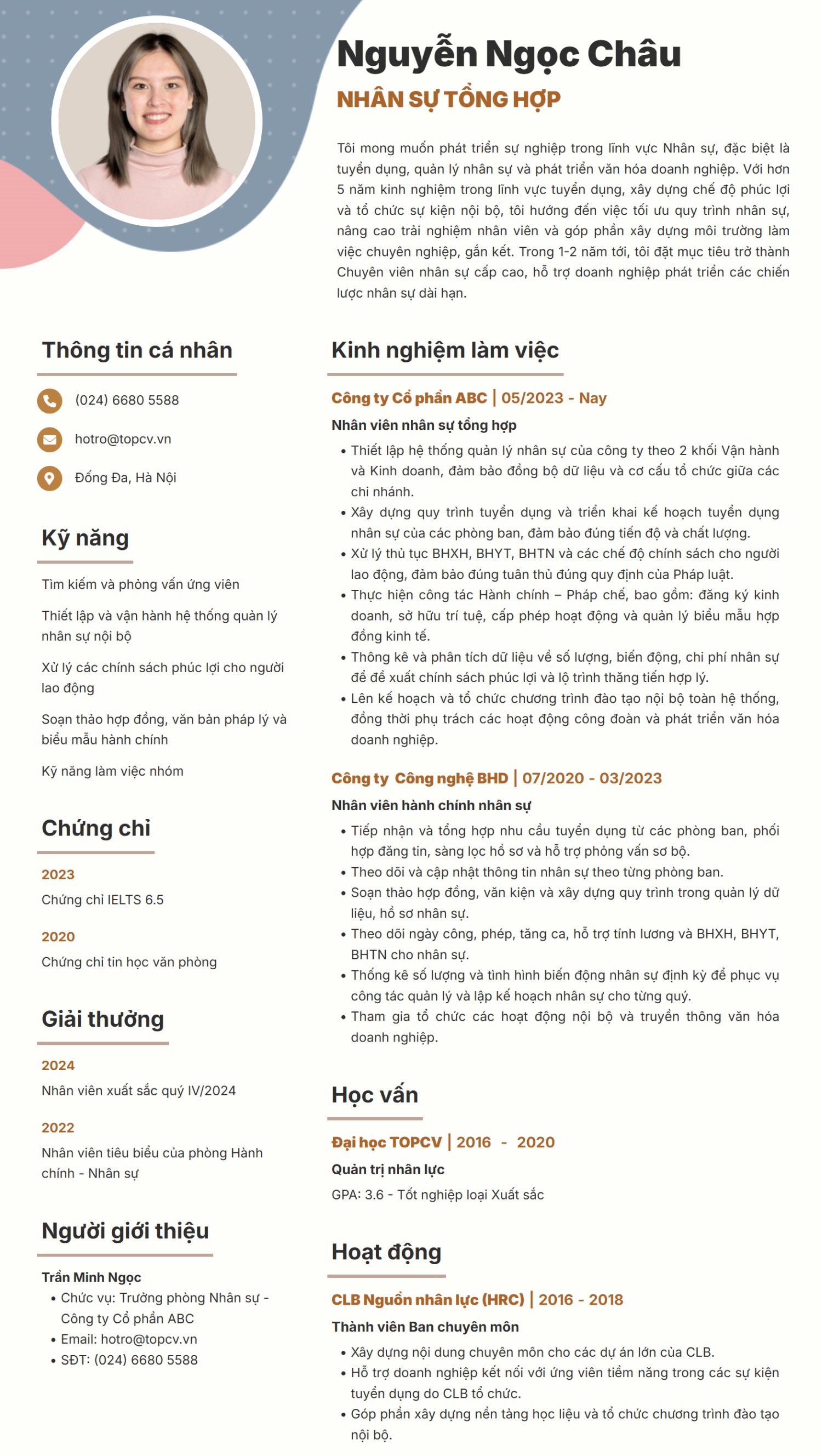 Mẫu CV Nhân sự tổng hợp chuyên nghiệp