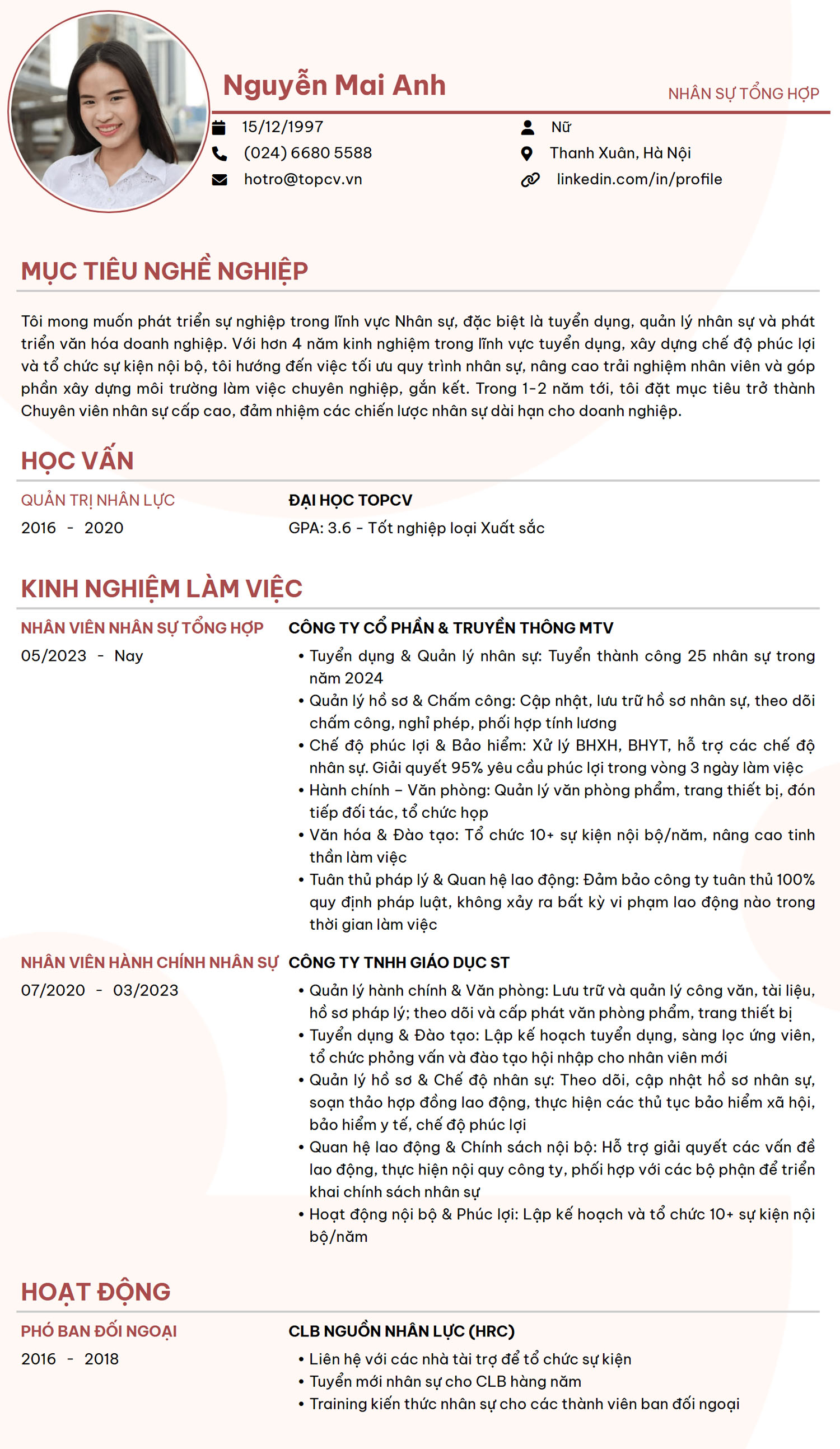 Tham khảo mẫu CV Nhân sự tổng hợp tại TopCV