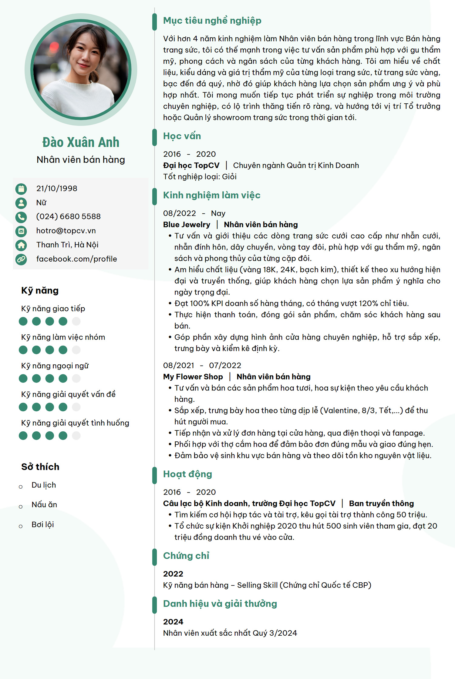 Mẫu CV Nhân viên bán hàng đơn giản
