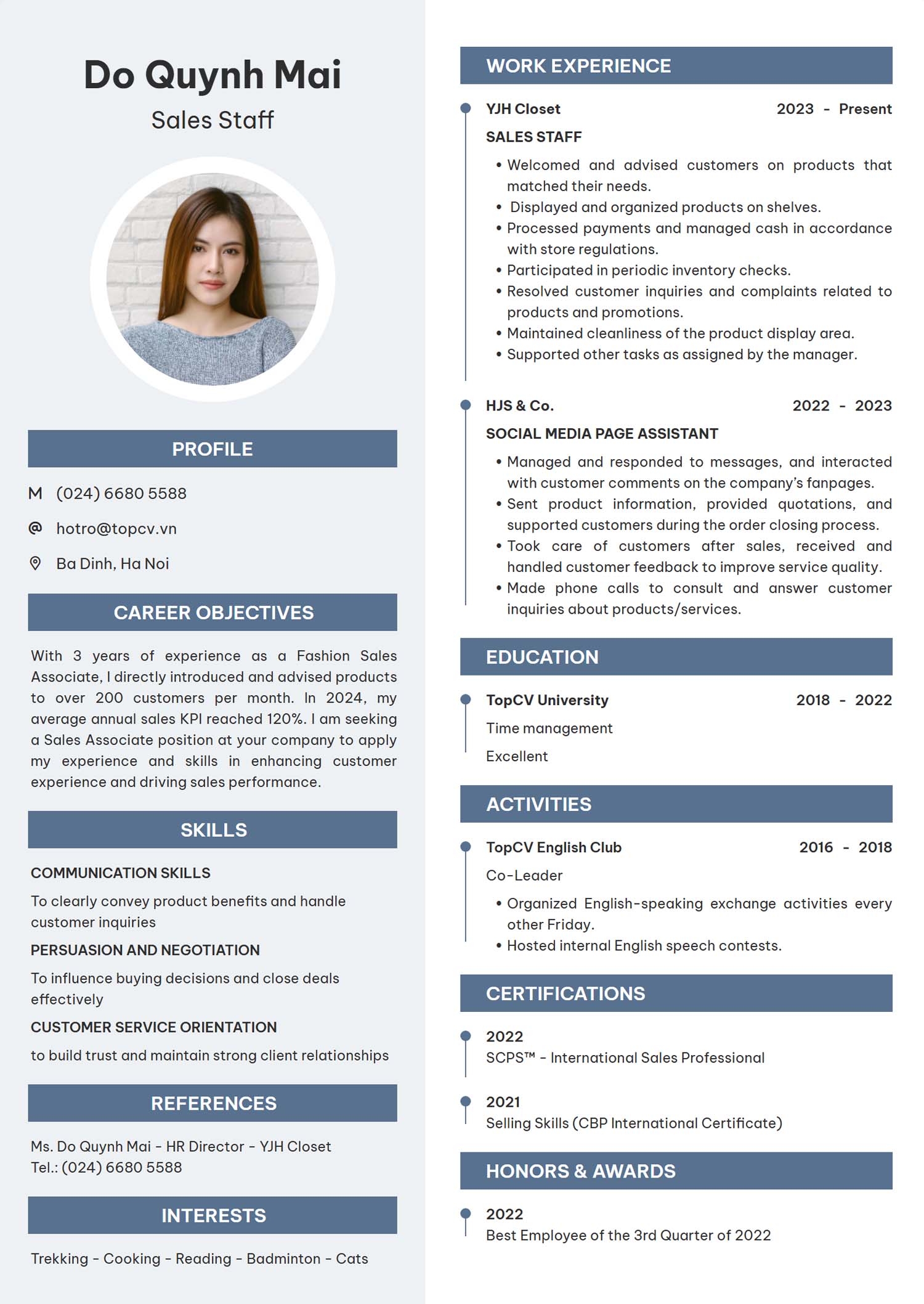Mẫu CV Nhân viên bán hàng tiếng Anh