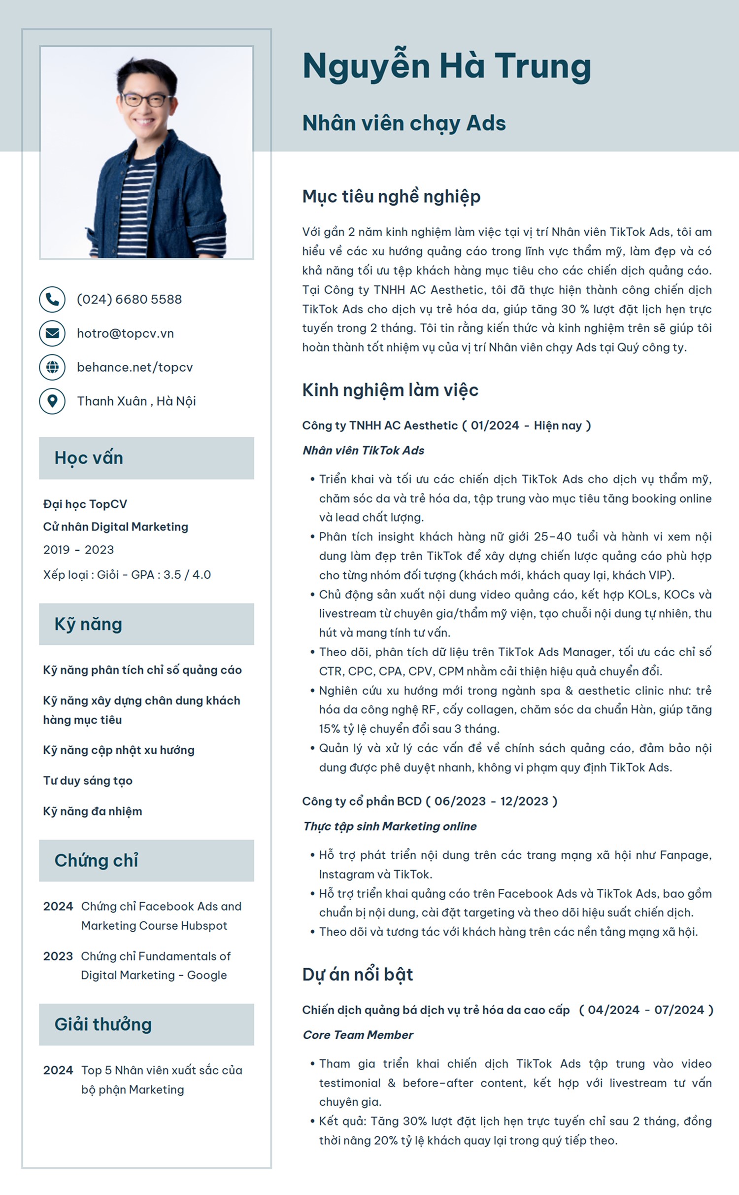 mẫu CV Facebook Ads cho người có kinh nghiệm ở vị trí tương đương