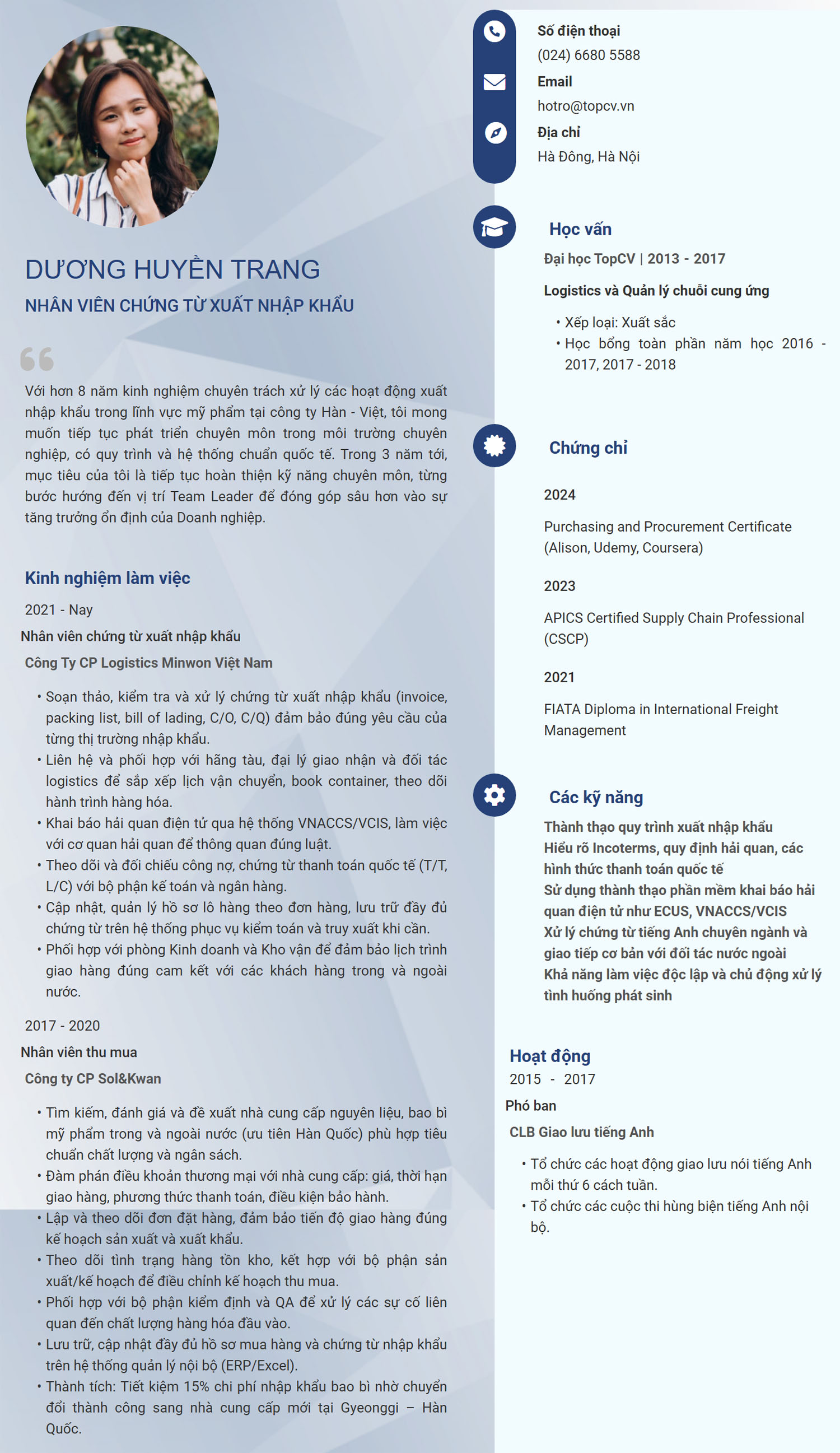 Tham khảo mẫu CV Nhân viên chứng từ xuất nhập khẩu