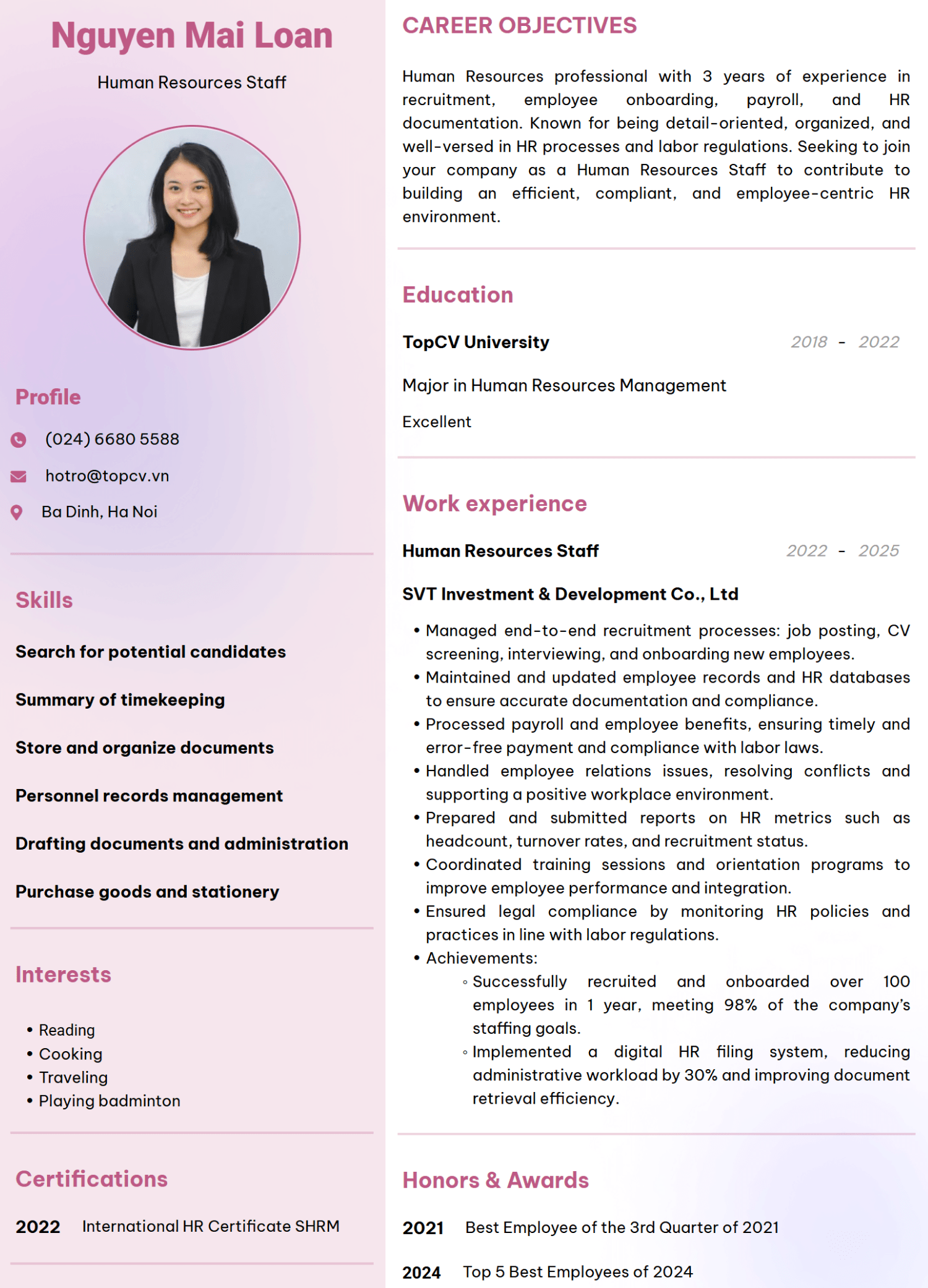 CV Nhân viên Hành chính nhân sự tiếng Anh