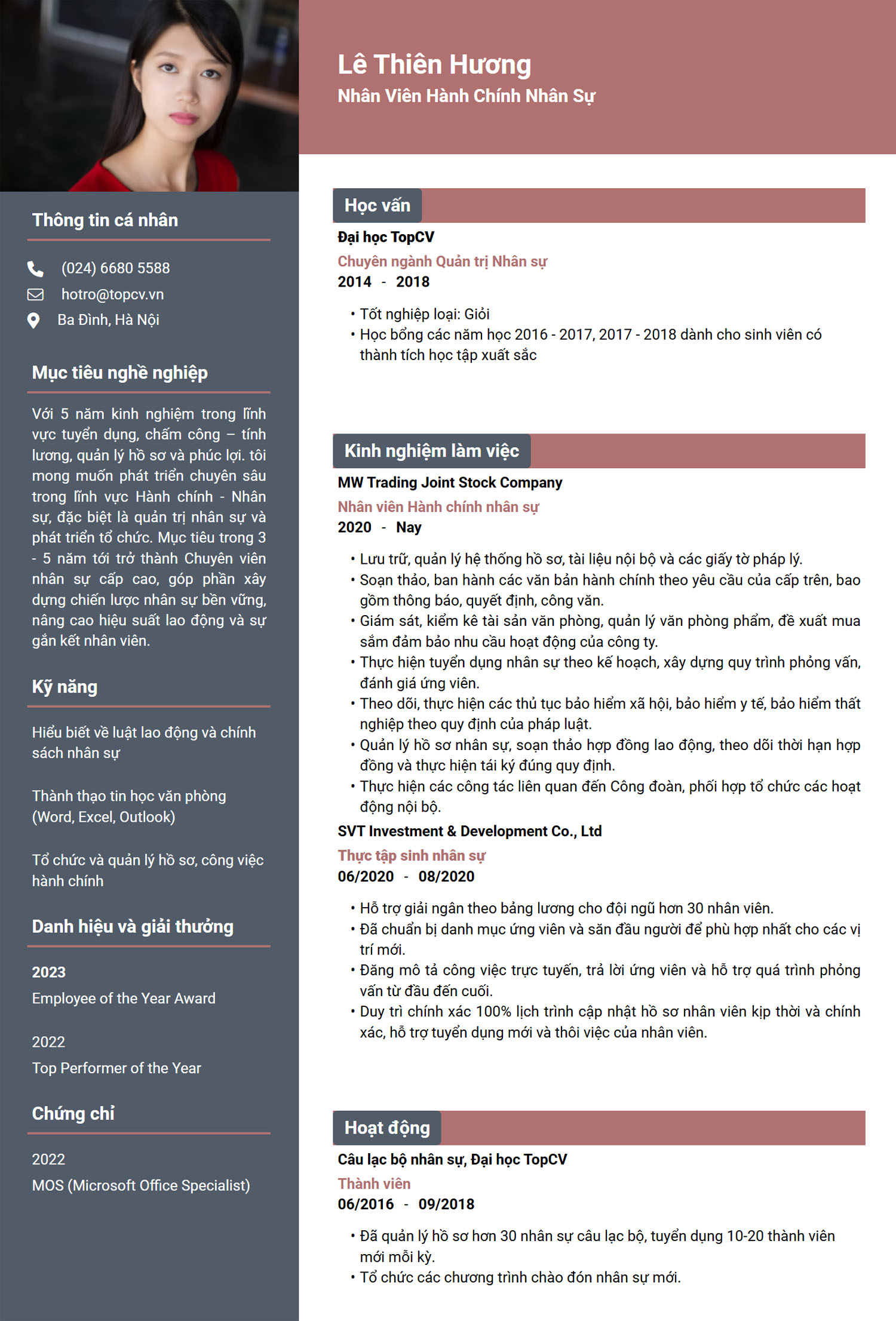 Mẫu CV Nhân viên hành chính nhân sự