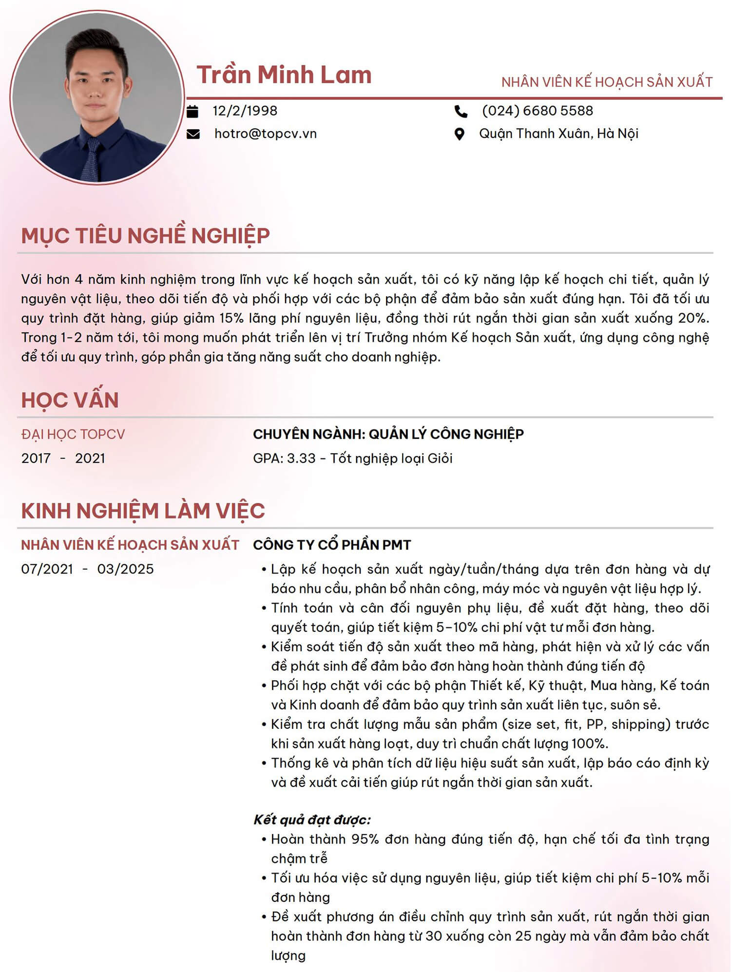Mẫu CV Nhân viên kế hoạch sản xuất