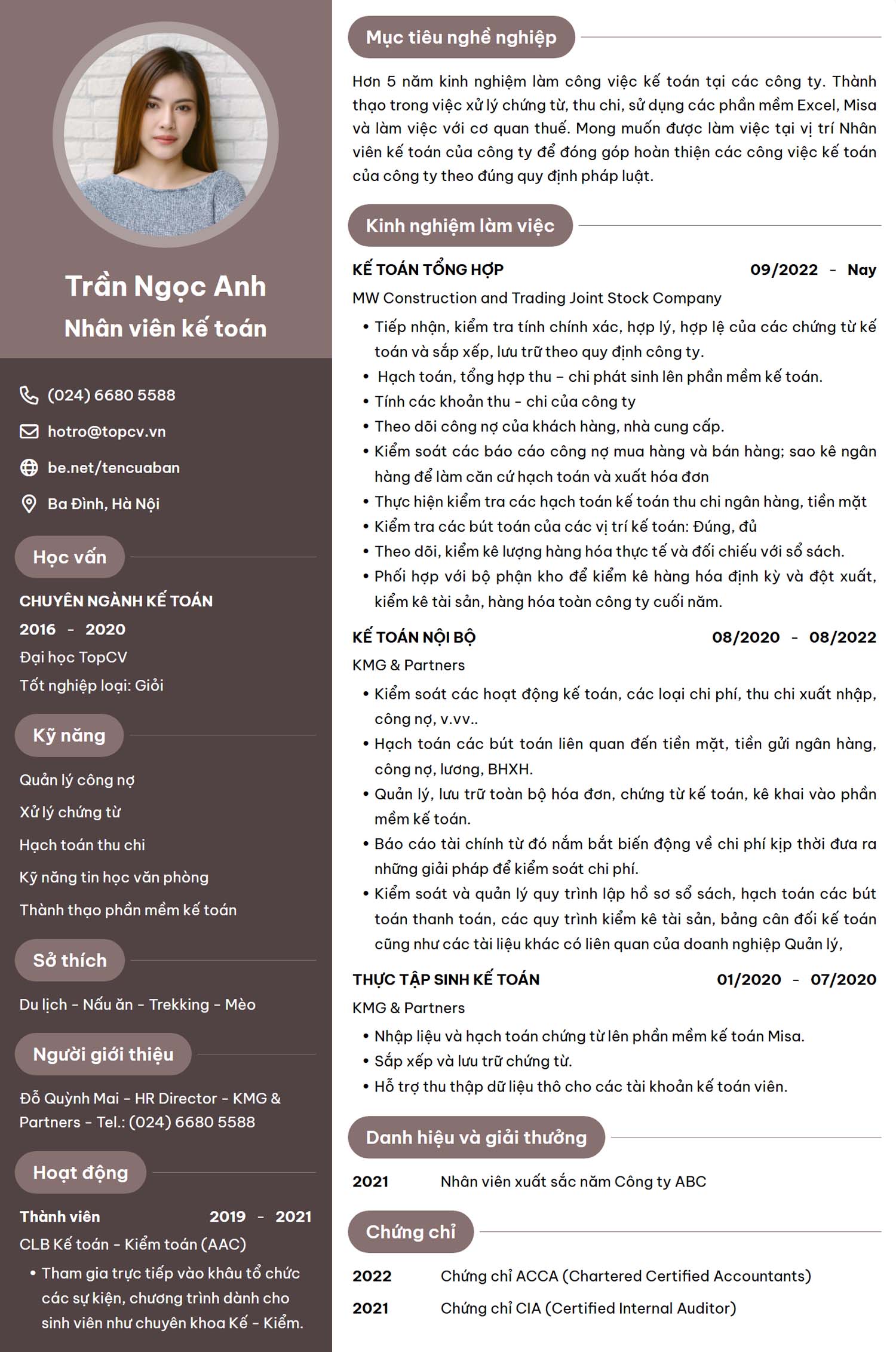 Mẫu CV Nhân viên Kế toán tiếng Việt
