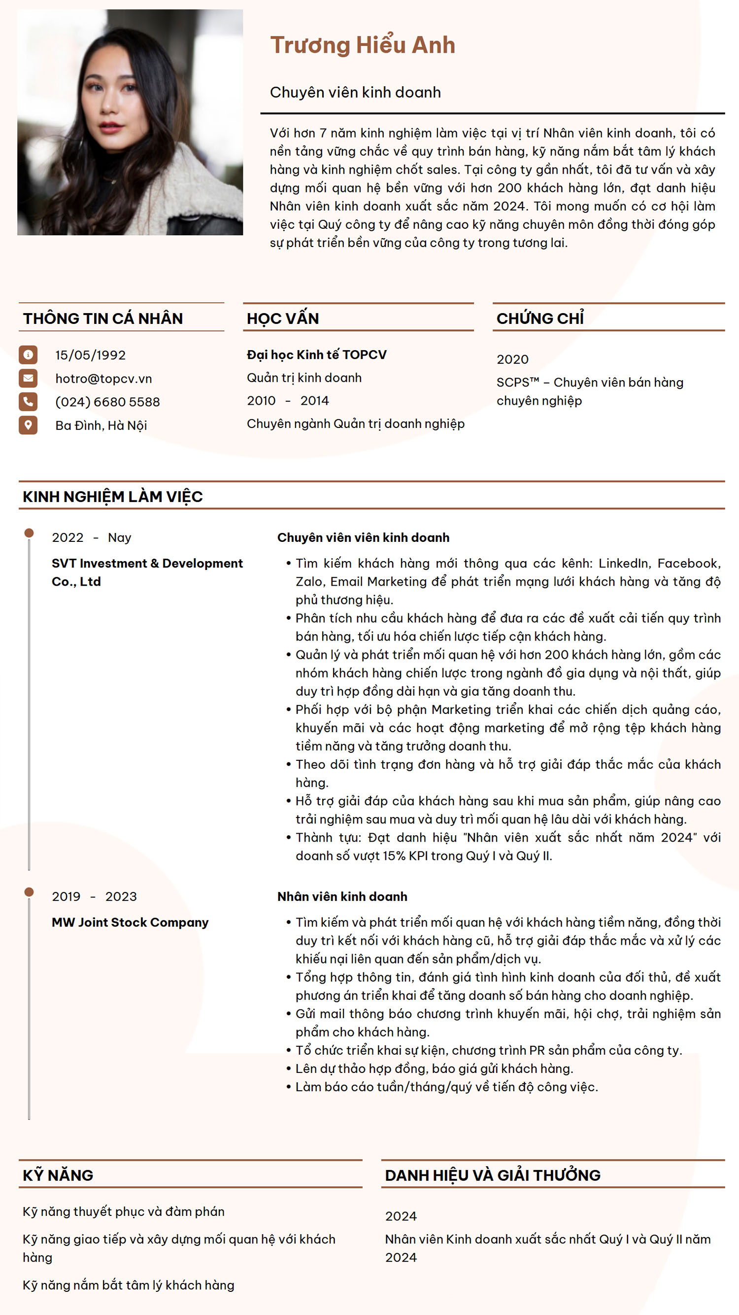 Mẫu CV xin việc nhân viên kinh doanh tone ấm
