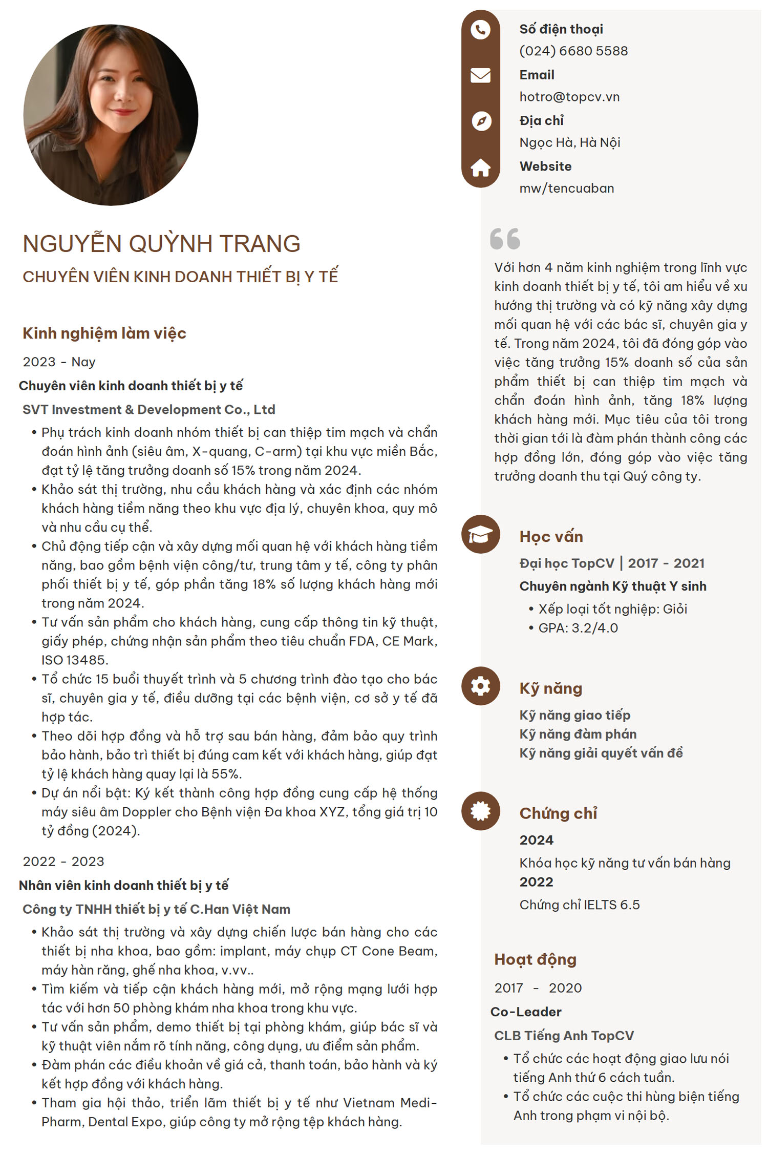 Mẫu CV Nhân viên kinh doanh thiết bị y tế