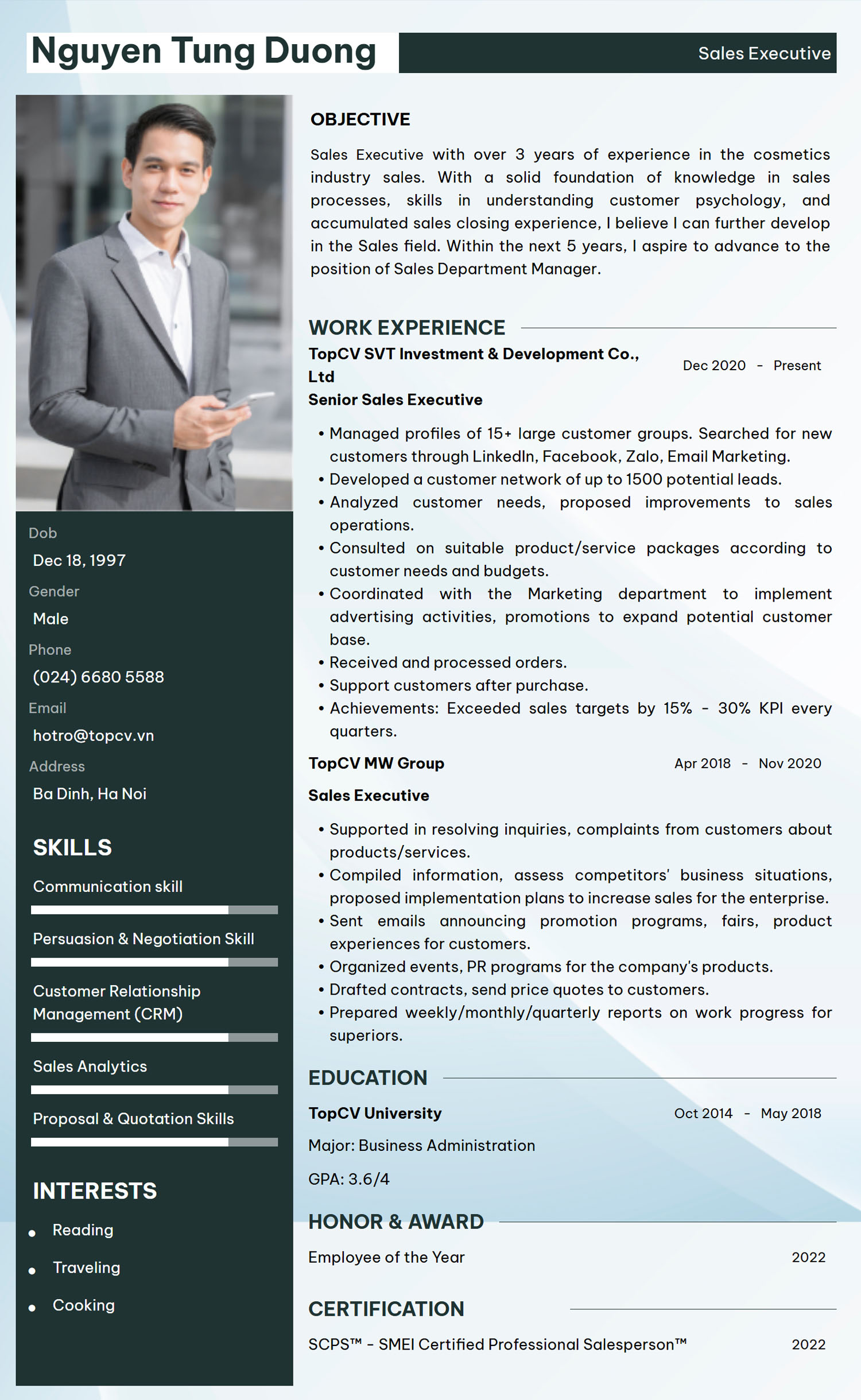 Mẫu CV Nhân viên kinh doanh bằng tiếng Anh
