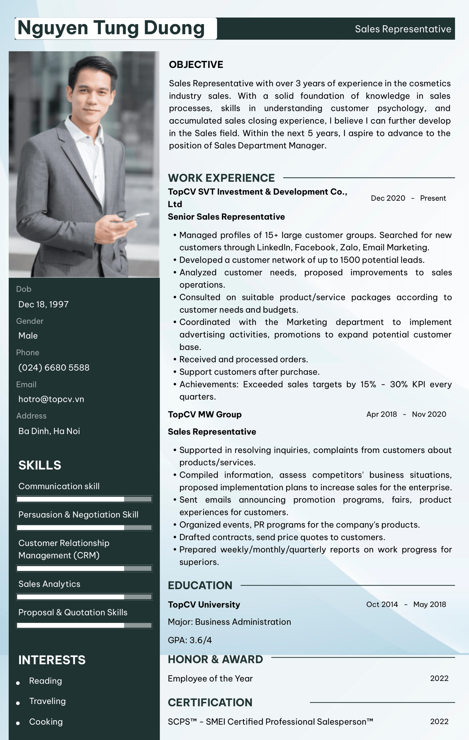 CV Nhân viên kinh doanh tiếng Anh