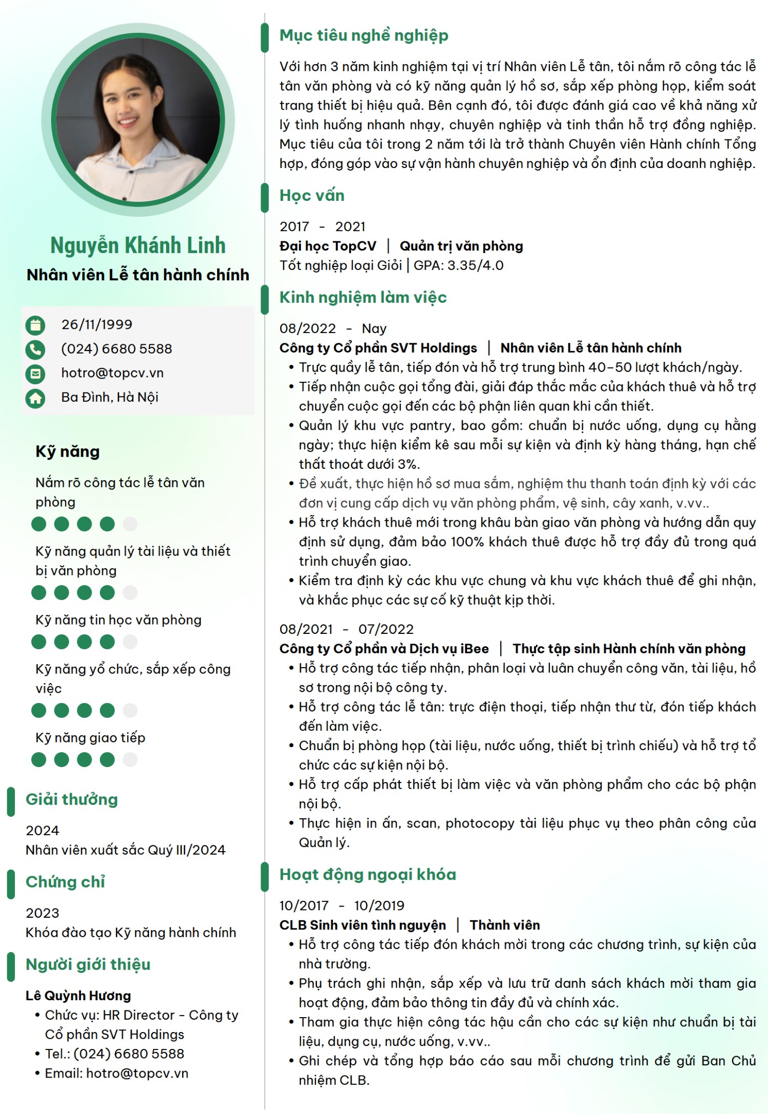 Mẫu CV Lễ tân hành chính hiện đại