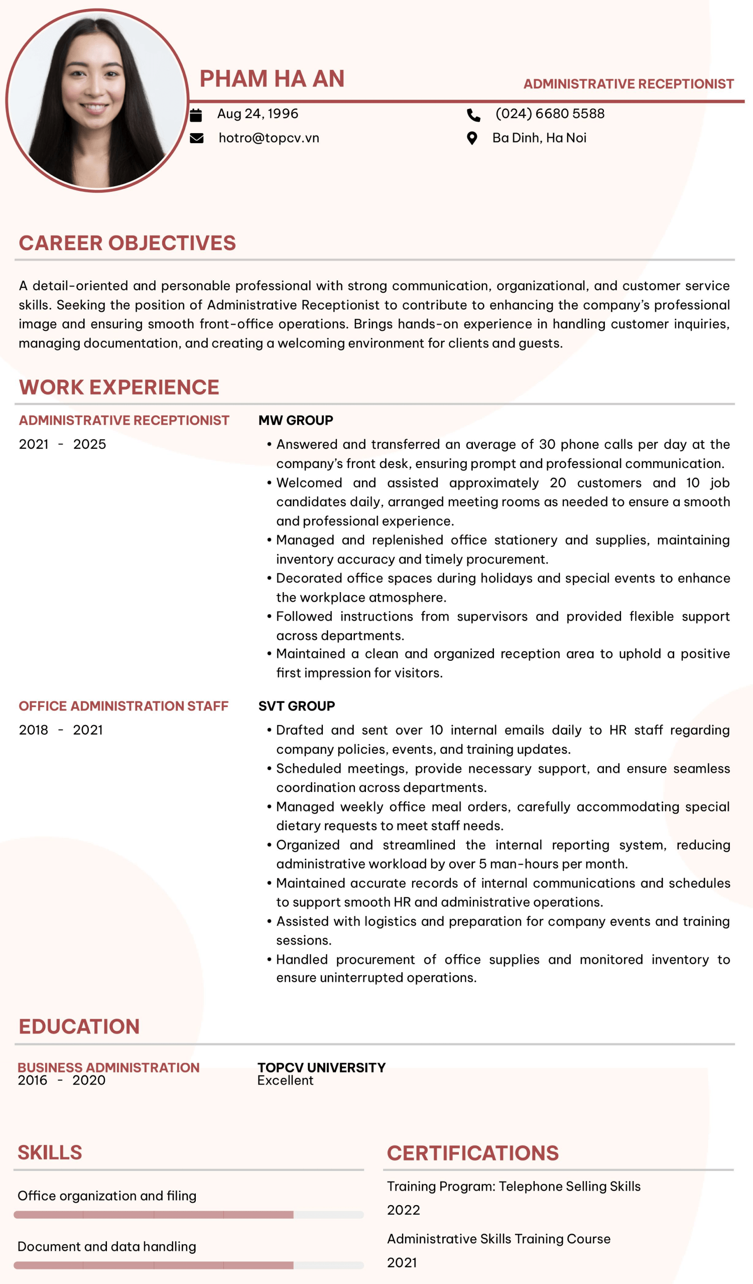 Mẫu CV Lễ tân bằng tiếng Anh