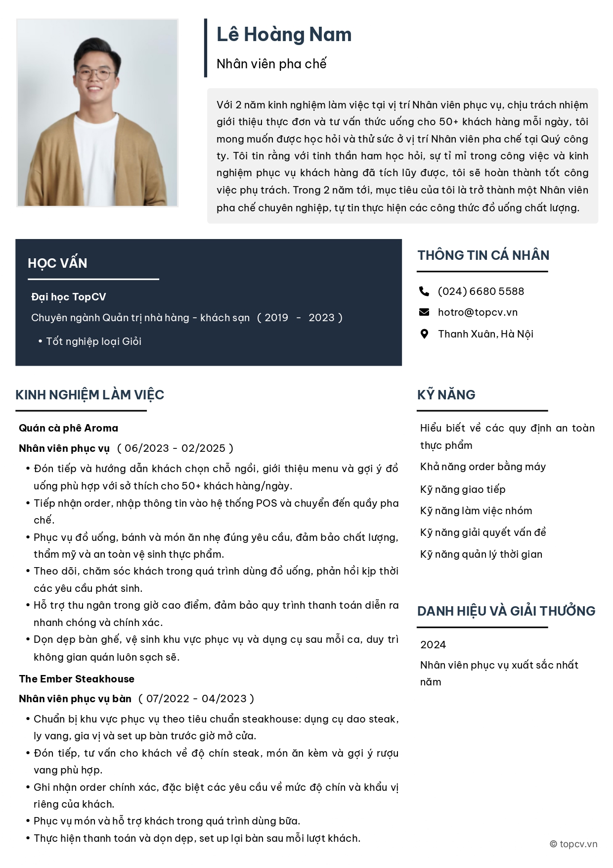 Mẫu CV Nhân viên pha chế chuẩn, chuyên nghiệp