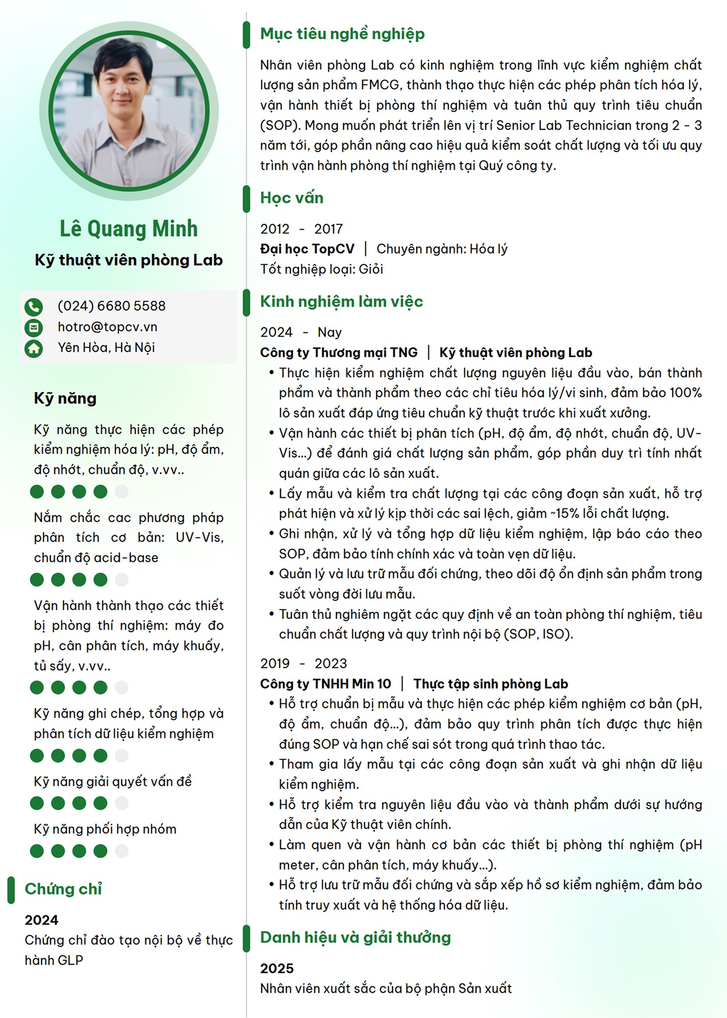 Mẫu CV Nhân viên phòng Lab