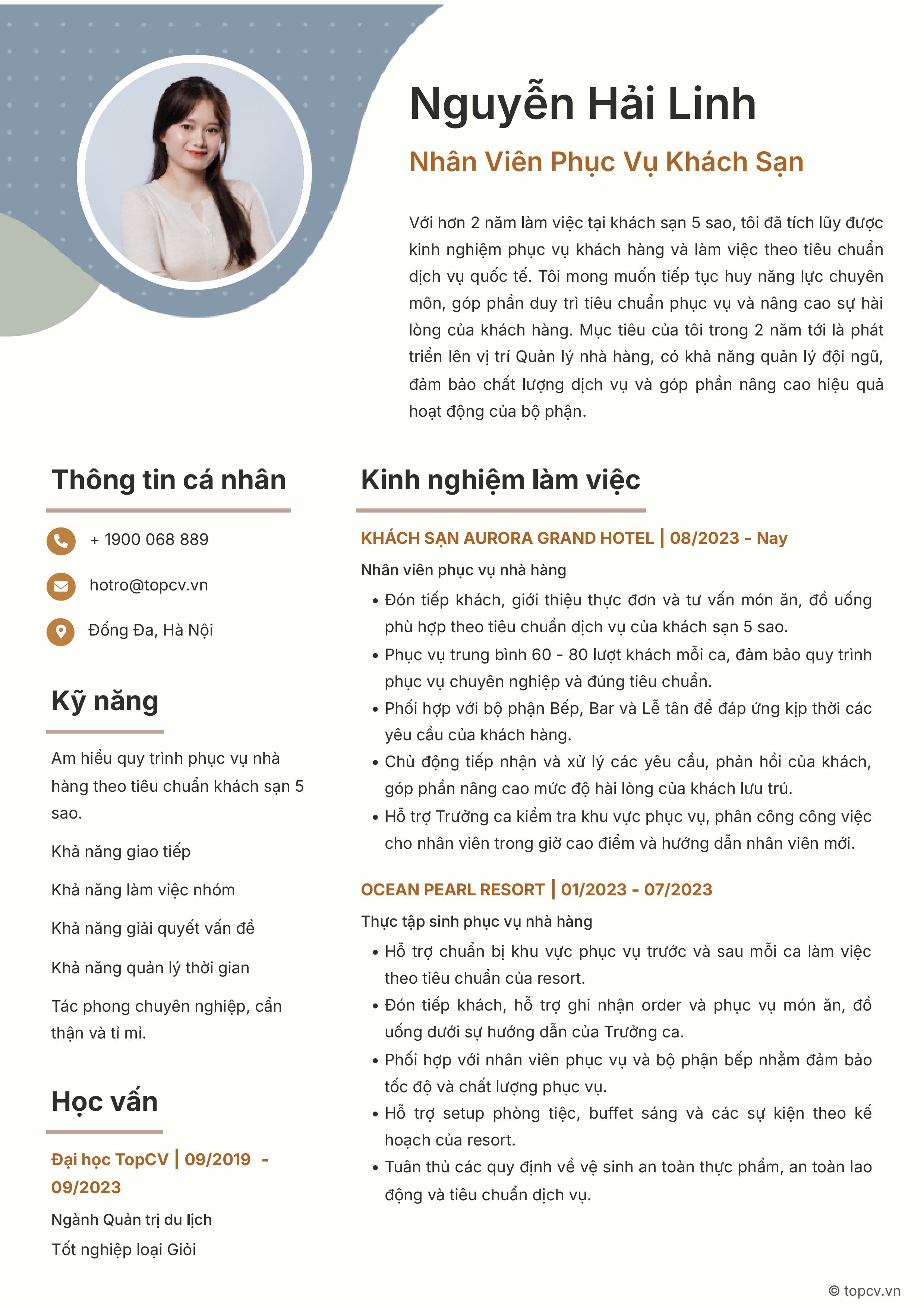 Mẫu CV Nhân viên phục vụ khách sạn