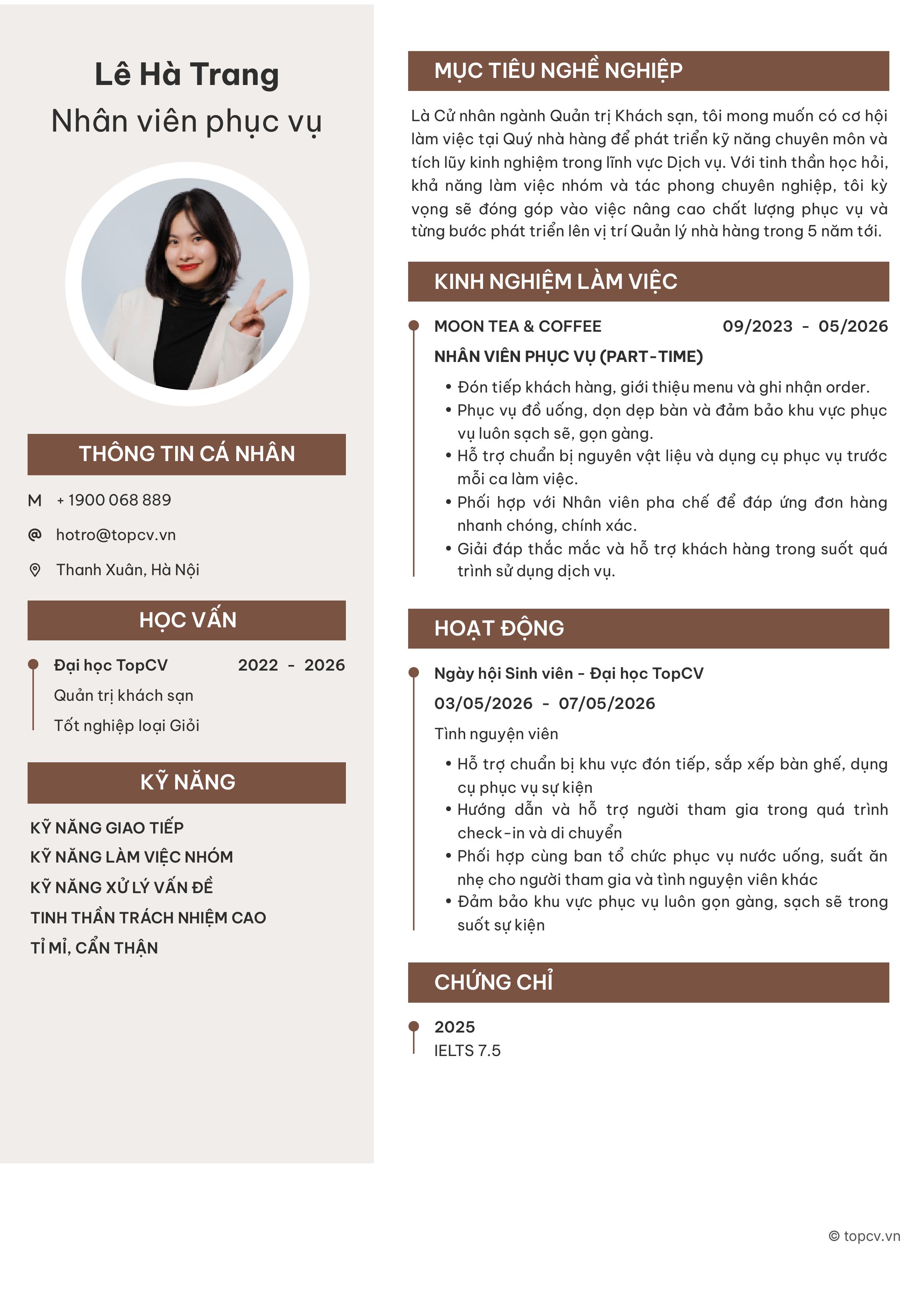 Mẫu CV Nhân viên phục vụ chưa có kinh nghiệm
