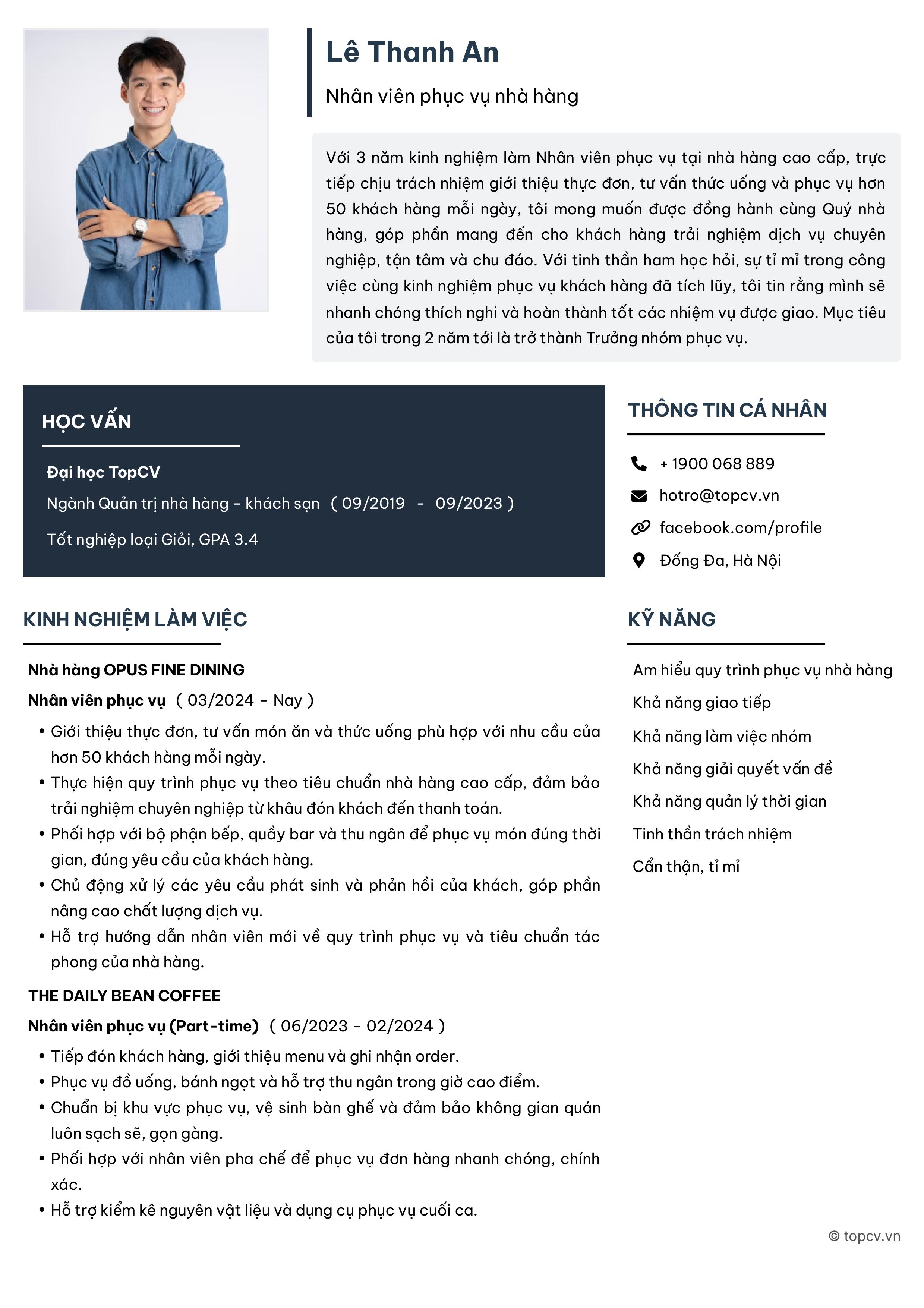 Mẫu CV Nhân viên phục vụ nhà hàng