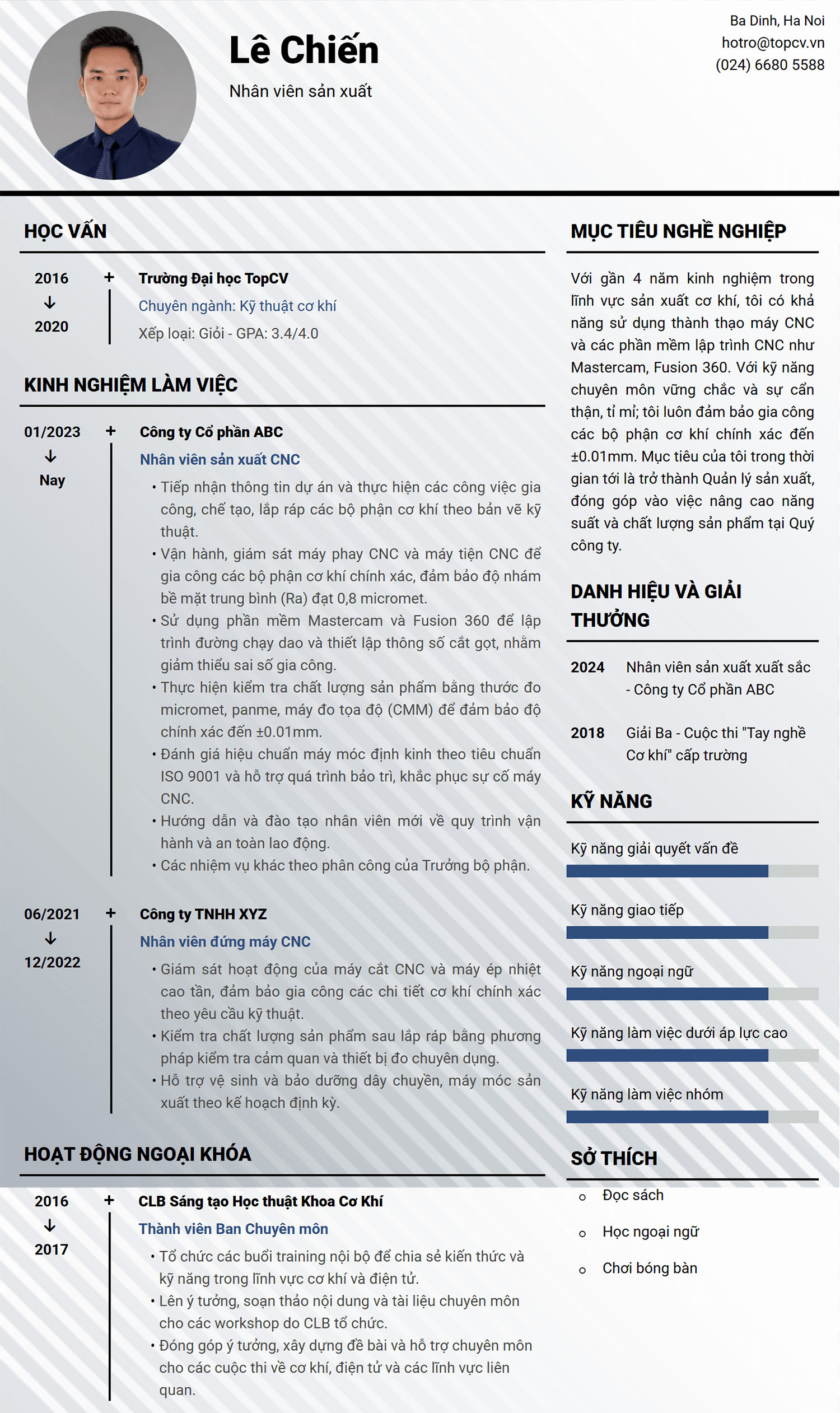 Mẫu CV Nhân viên sản xuất