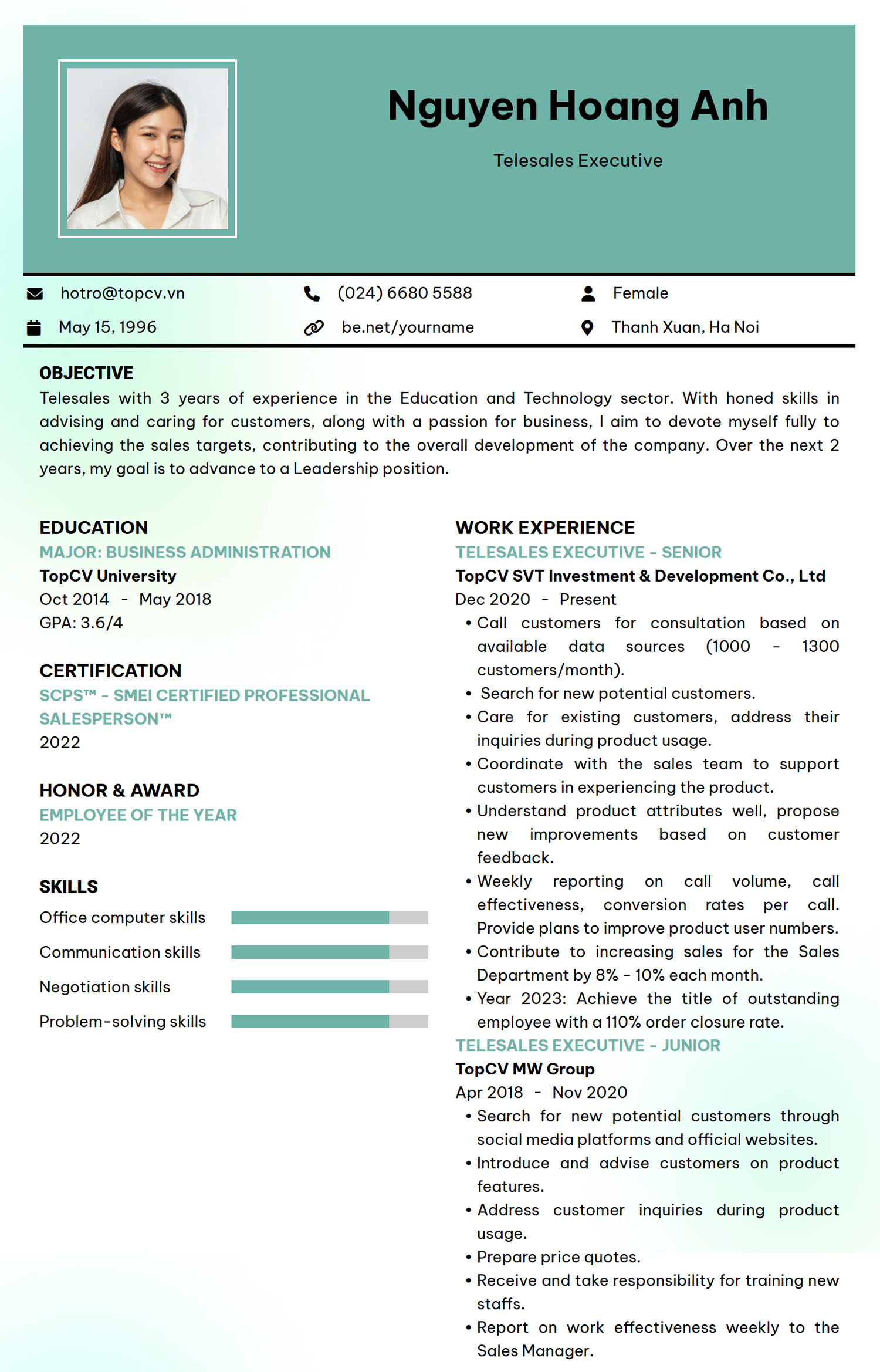 mau cv xin viec telesales