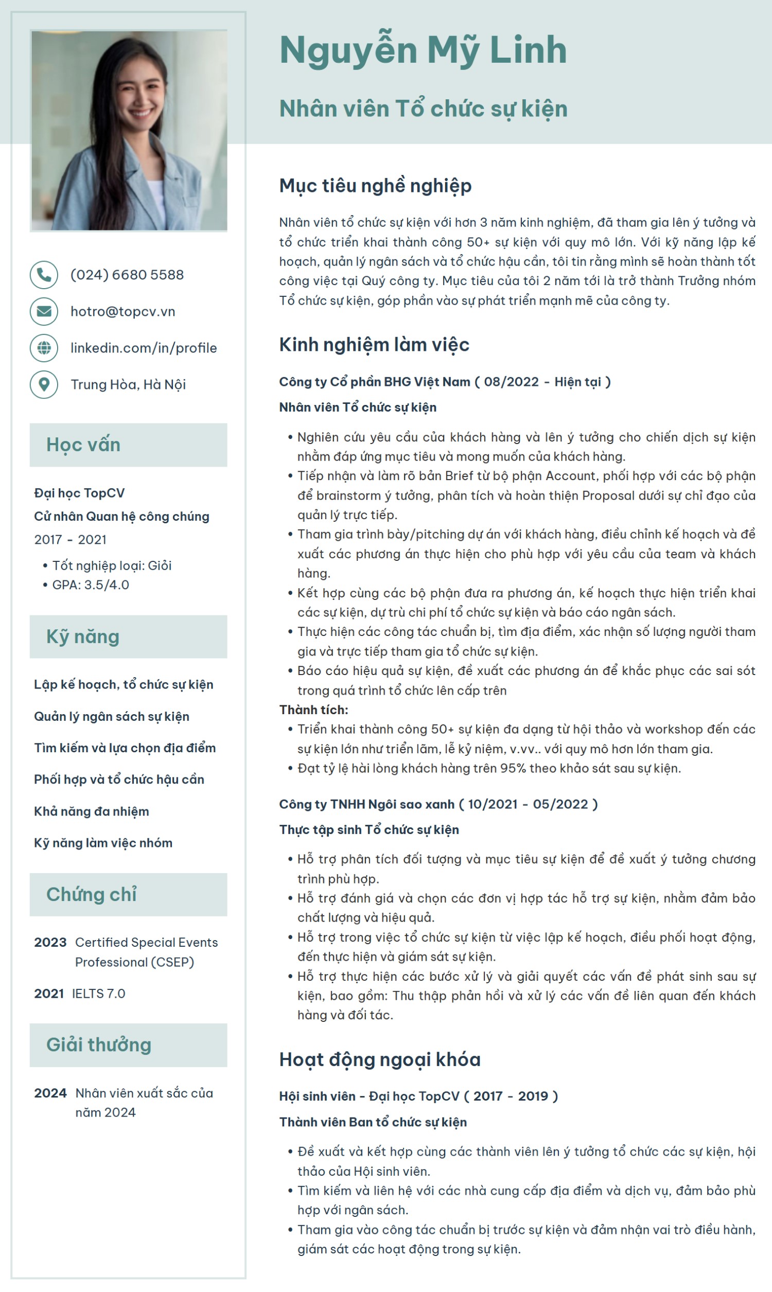 mẫu CV Tổ chức sự kiện hiện đại