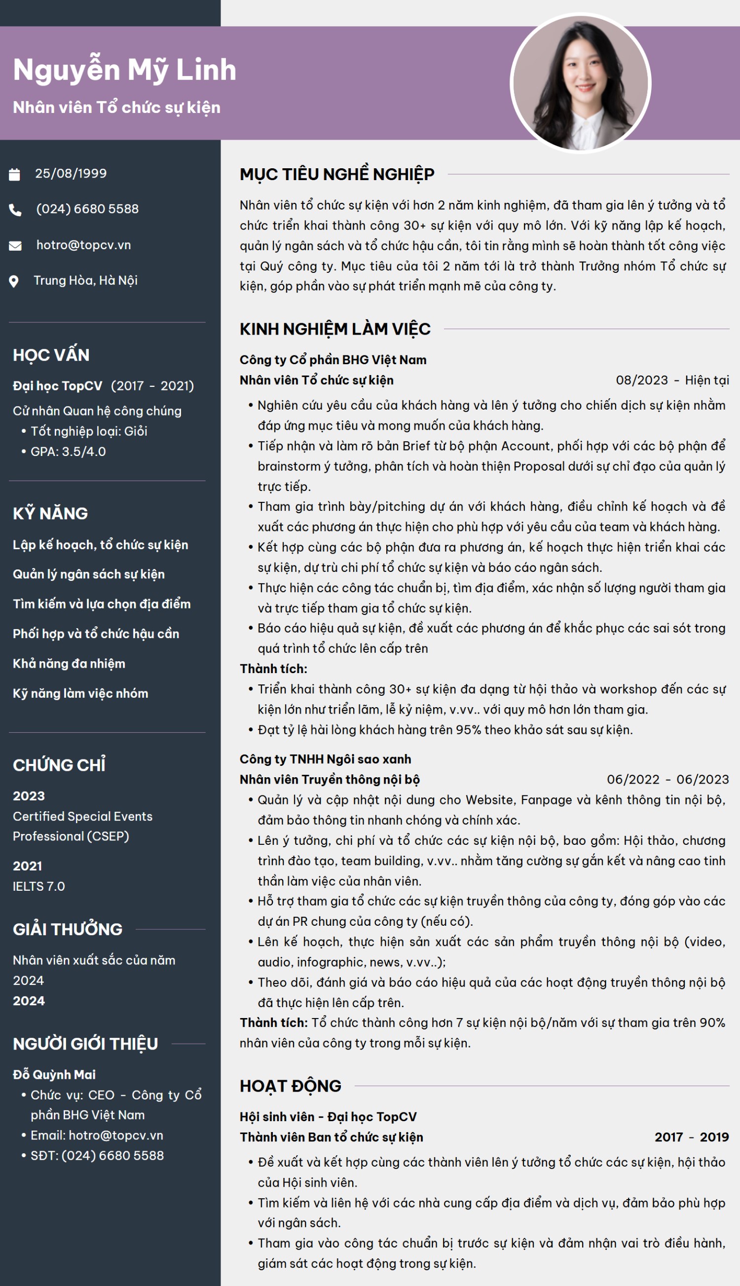 Mẫu CV Tổ chức sự kiện ấn tượng