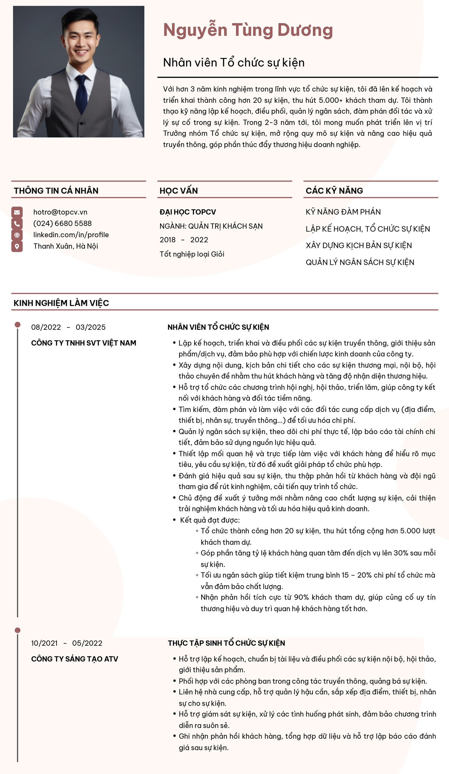 Mẫu CV Nhân viên tổ chức sự kiện