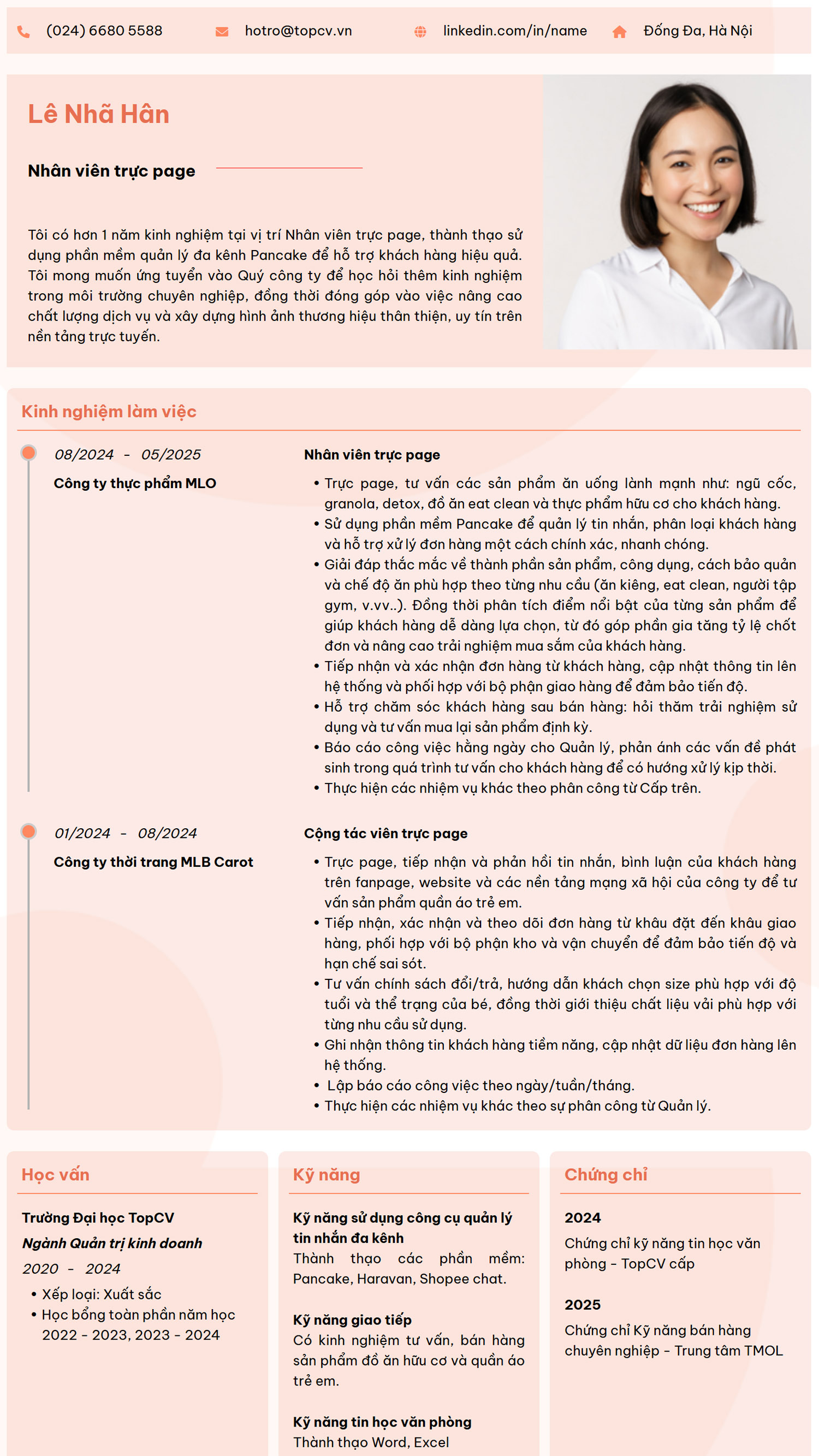Mẫu CV Nhân viên trực page chuẩn, chuyên nghiệp