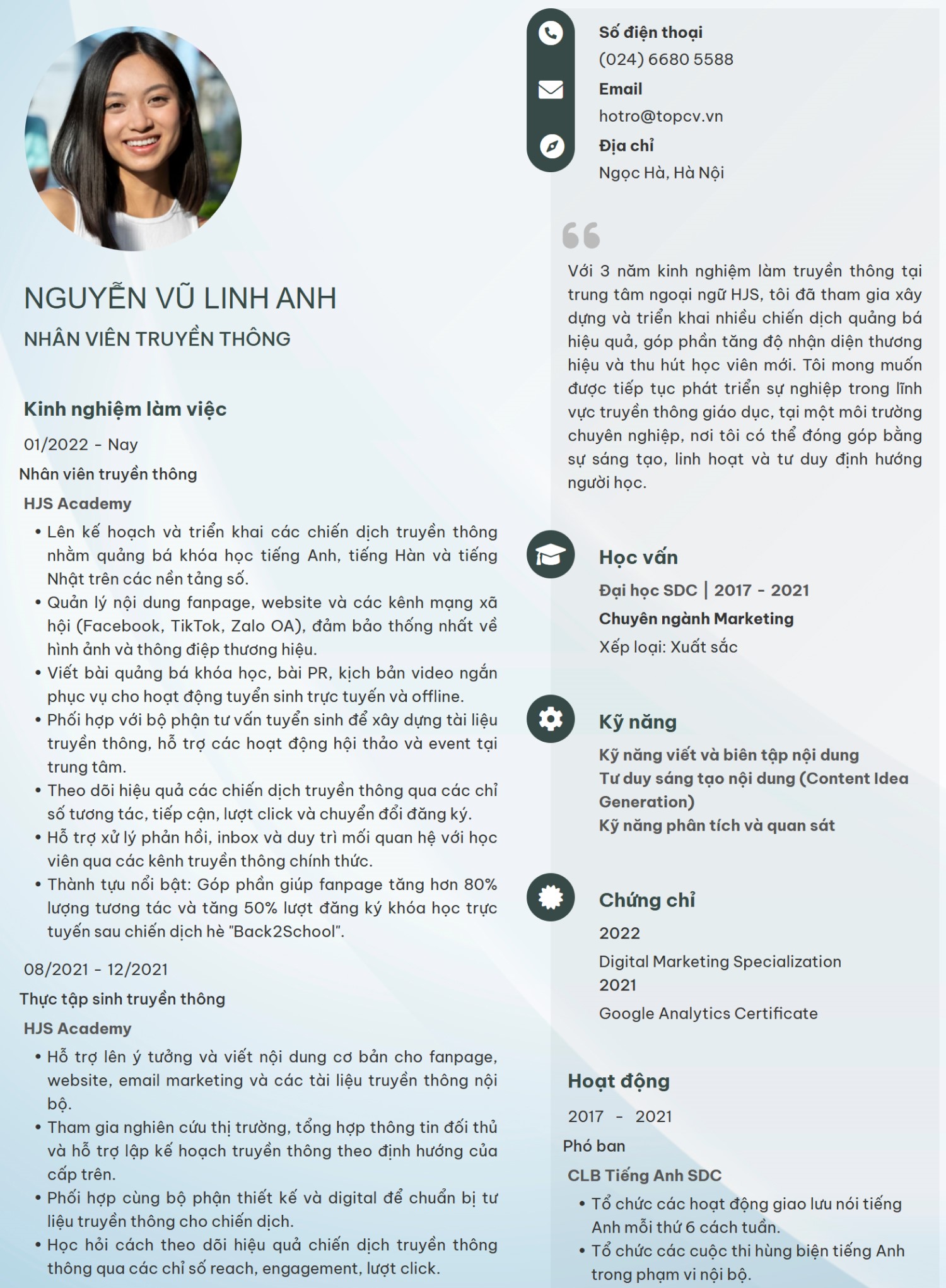 Mẫu CV Nhân viên truyền thông