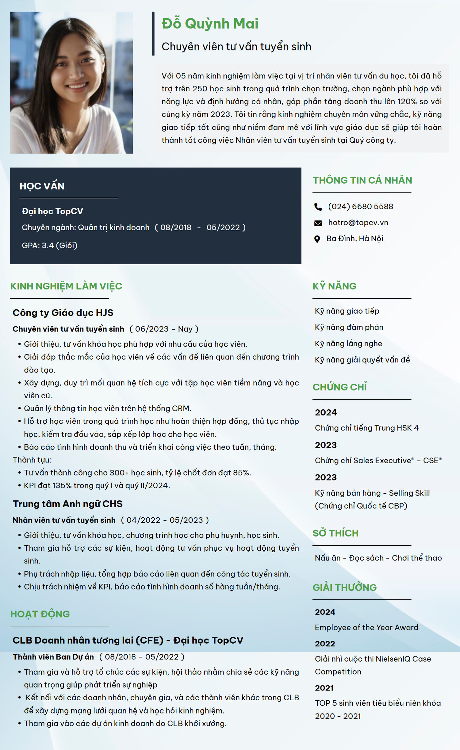 Tham khảo mẫu CV tư vấn tuyển sinh/khóa học cùng TopCV