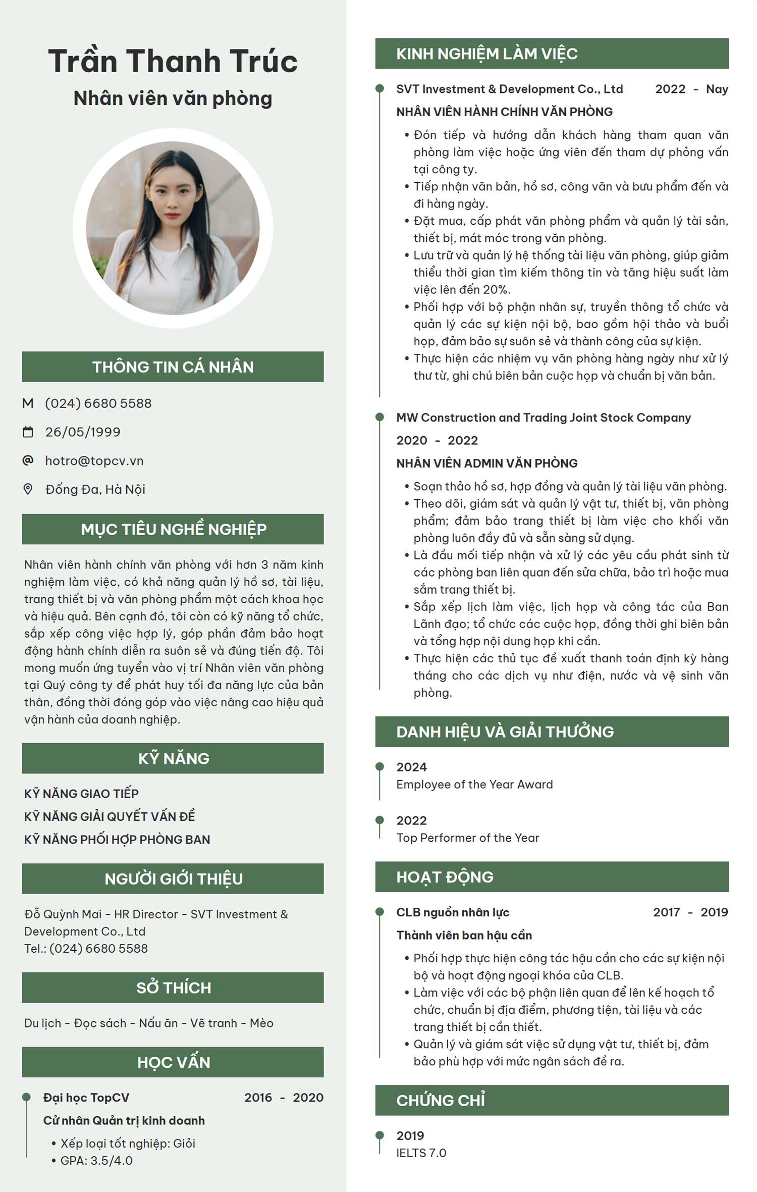 mẫu cv nhân viên văn phòng