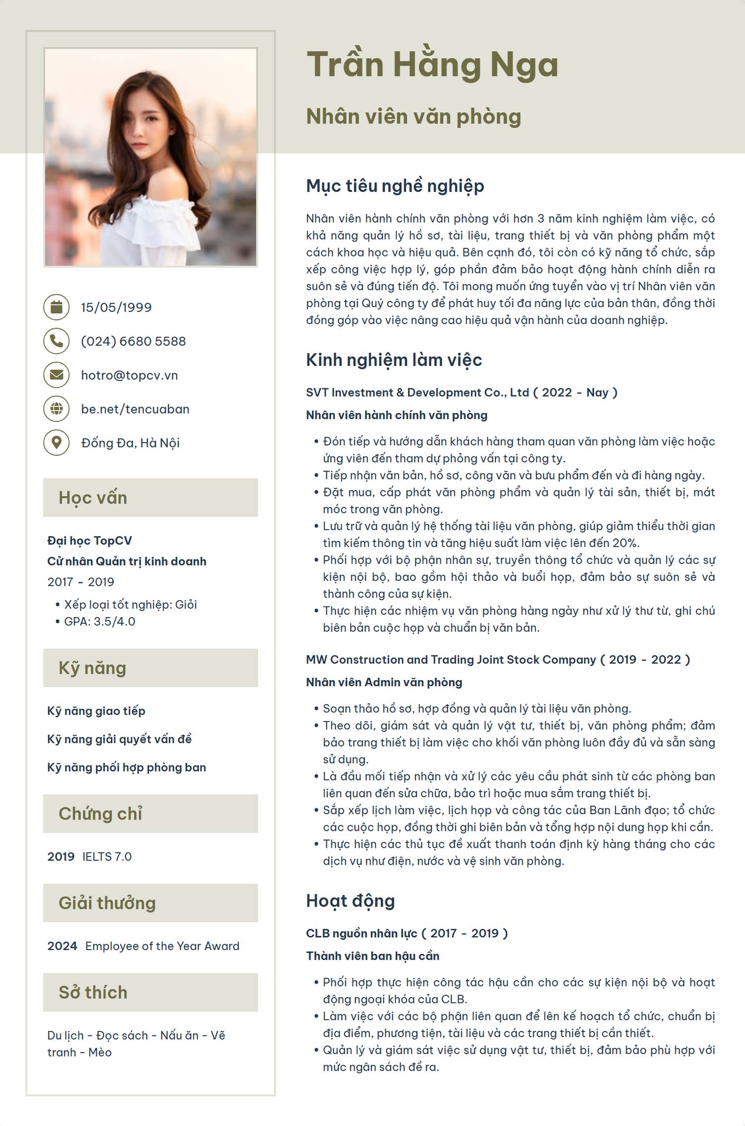 mẫu cv hành chính văn phòng
