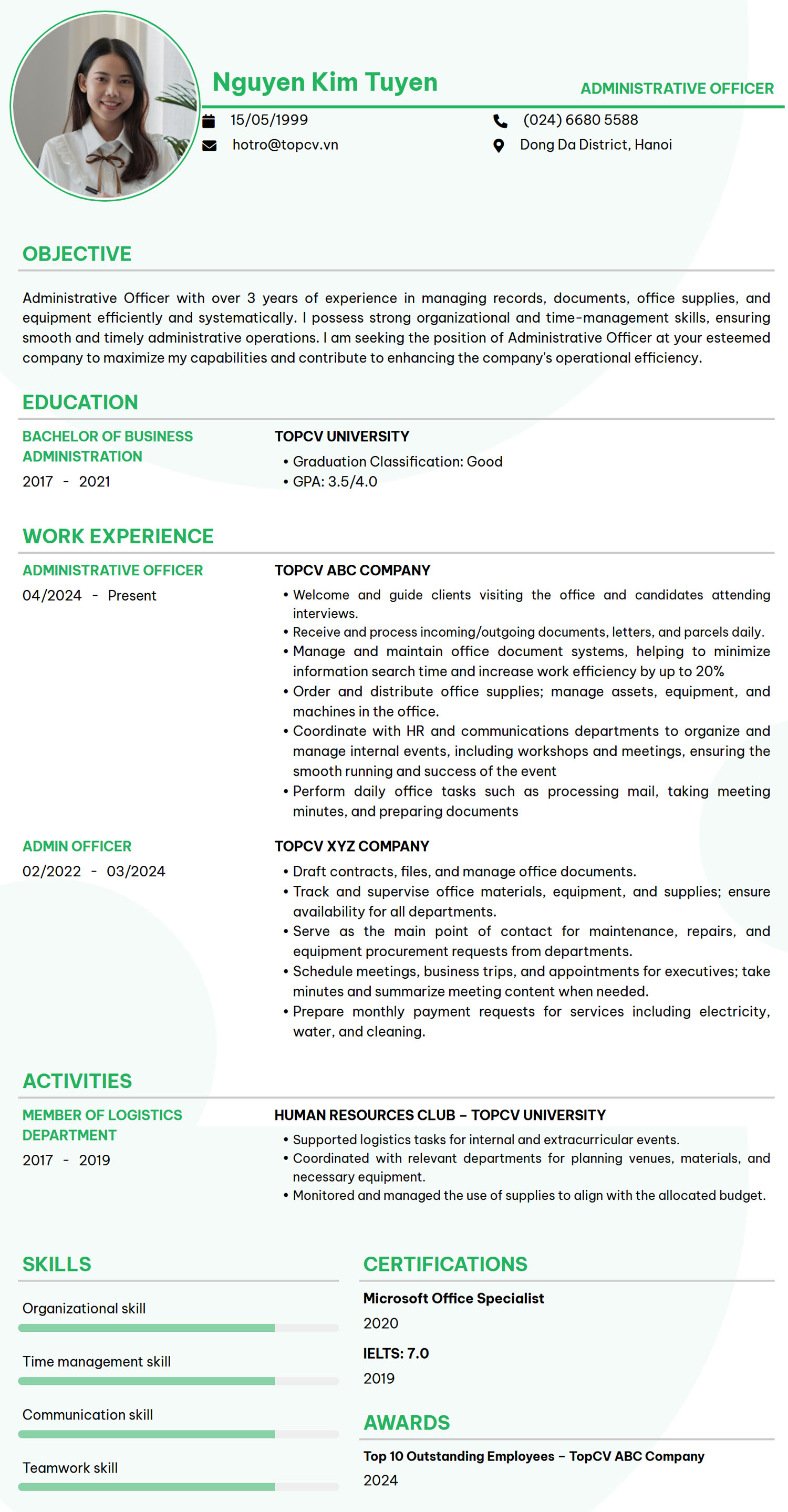 Mẫu CV Nhân viên văn phòng Tiếng Anh