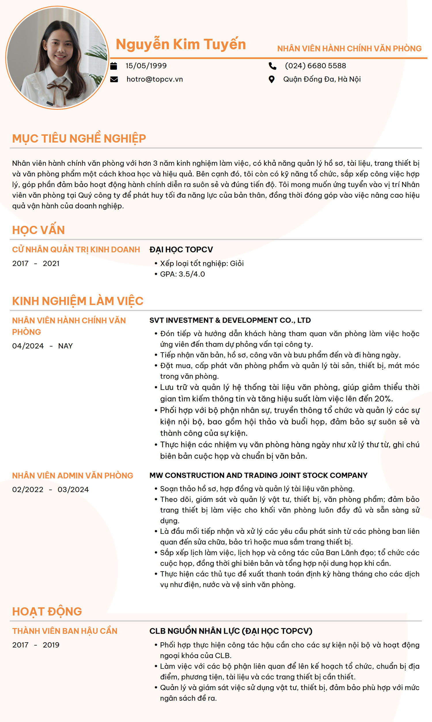 Mẫu CV Nhân viên văn phòng