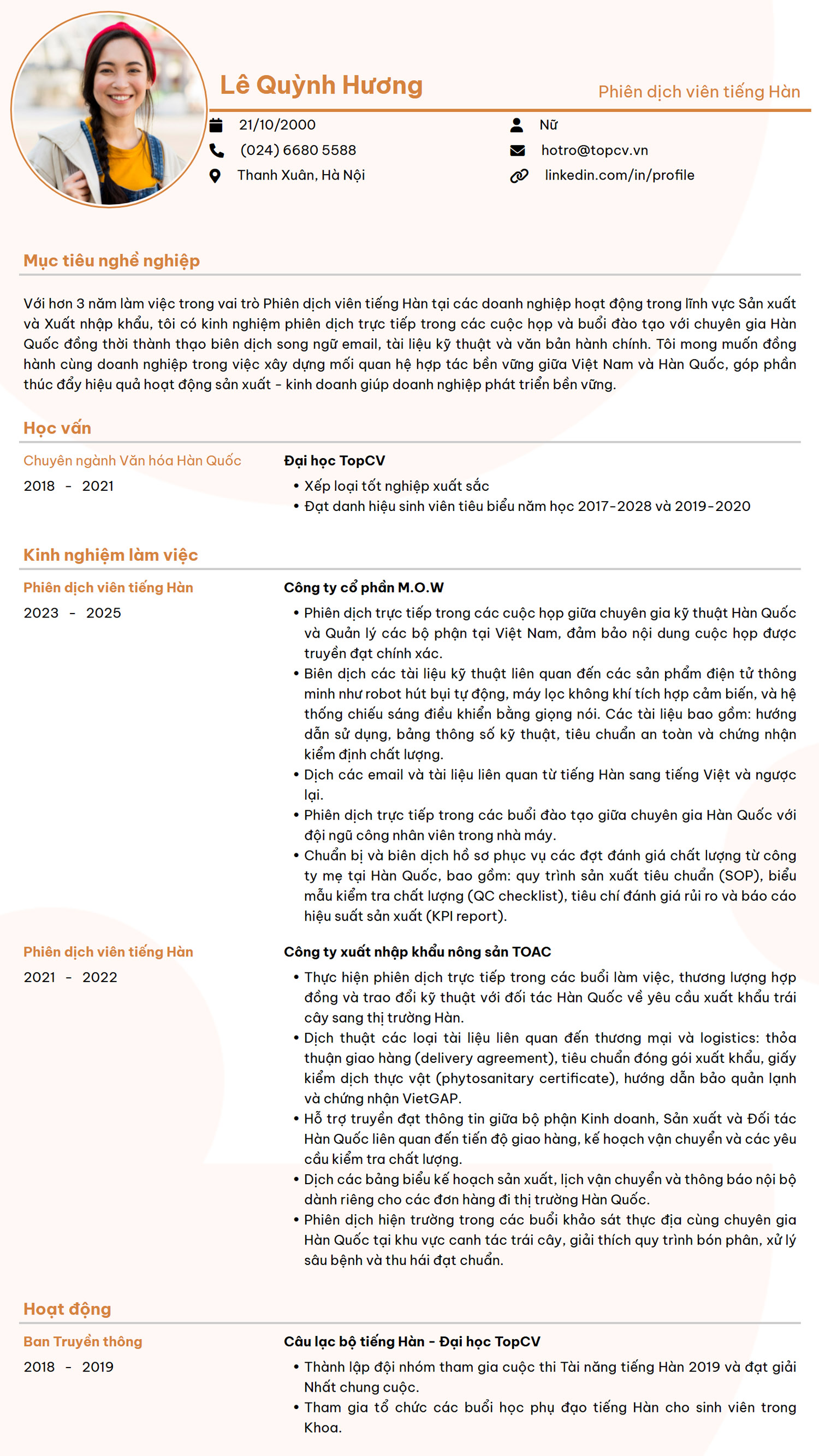 Mẫu CV Phiên dịch tiếng Hàn