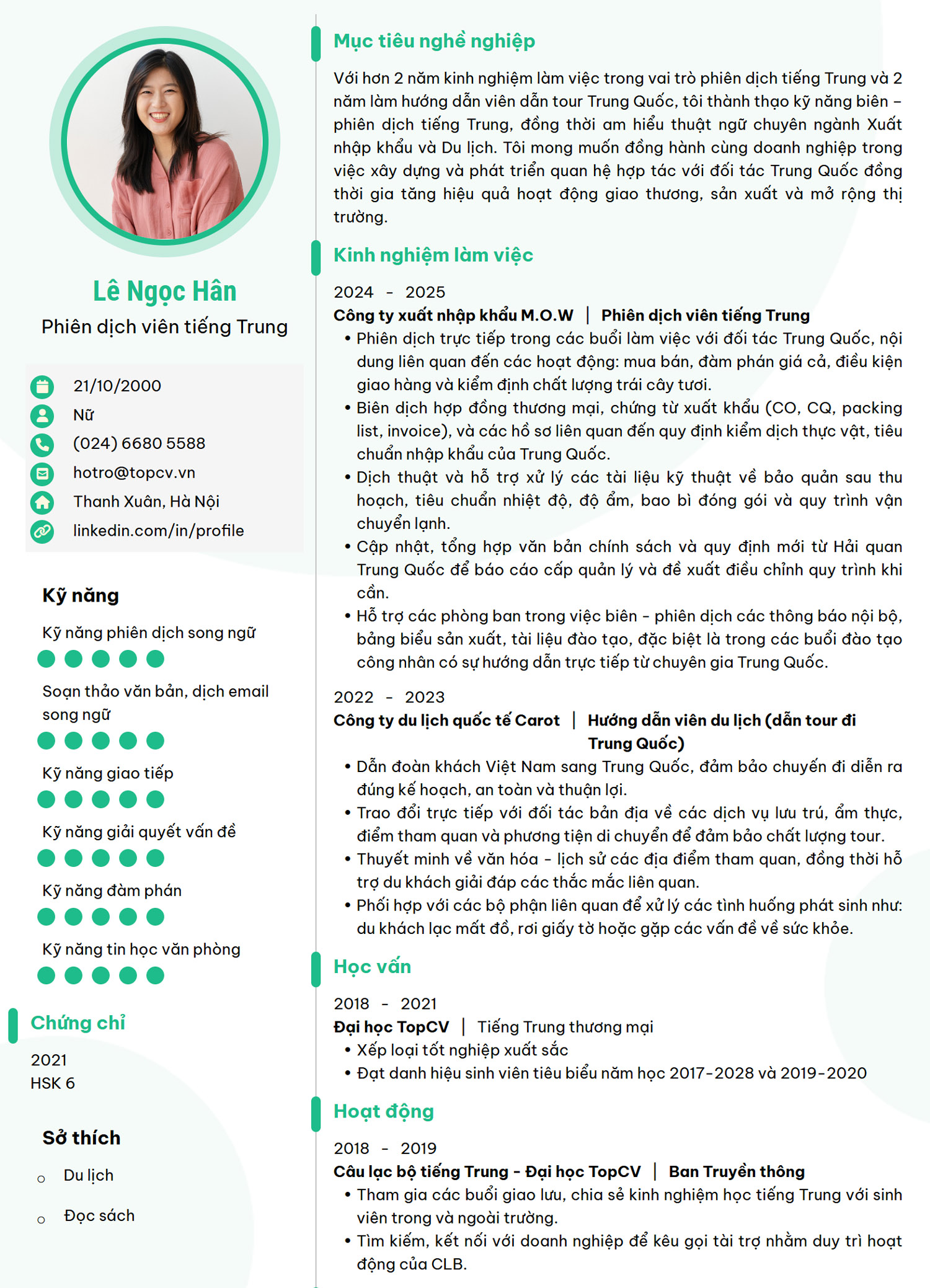 Mẫu CV Phiên dịch tiếng Trung chuẩn