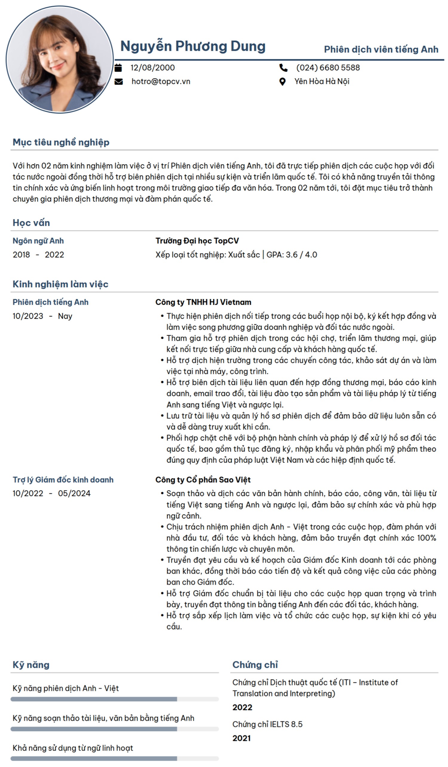 Mẫu CV Phiên dịch tiếng Anh chuyên nghiệp