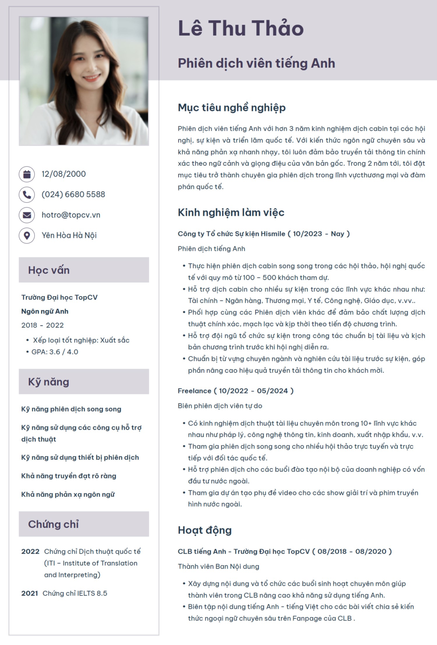 Mẫu CV Phiên dịch tiếng Anh ấn tượng